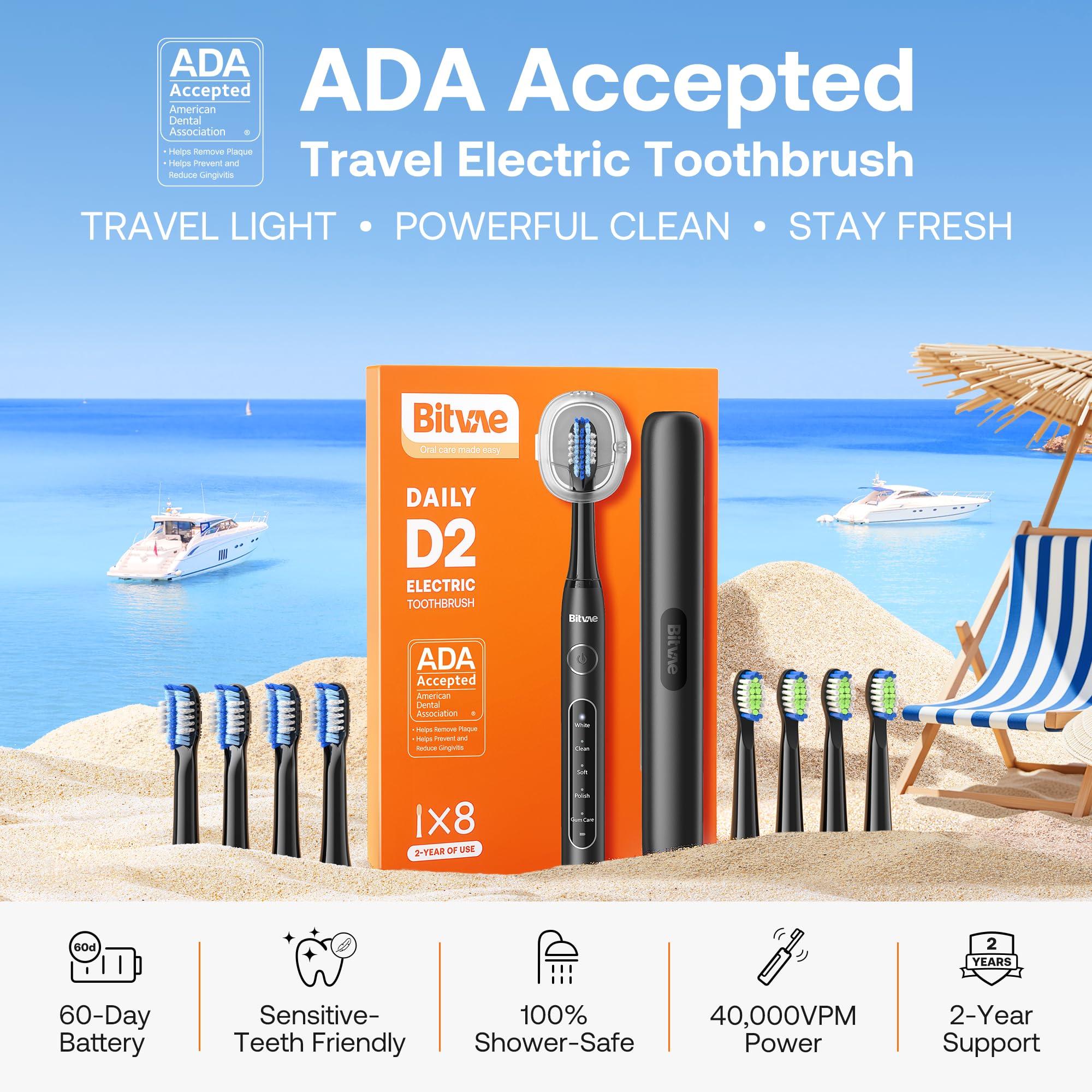 Bitvae Electric Toothbrush Travel - 60-Day Battery, 5 Modes

