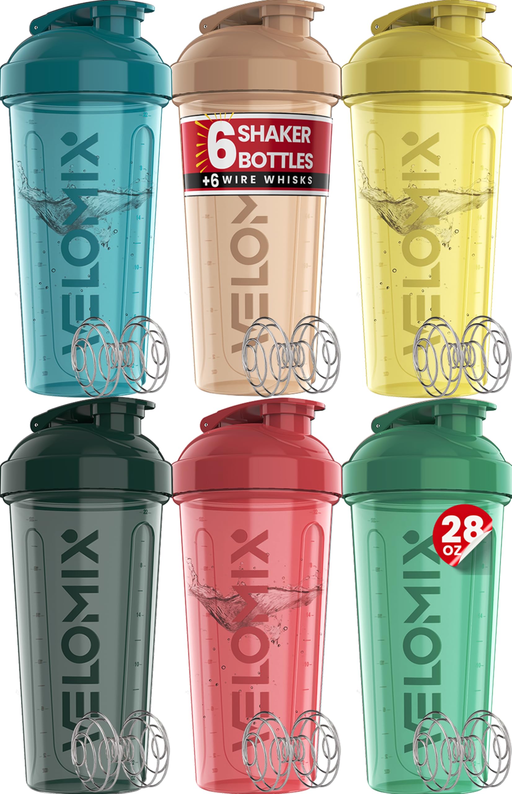 VELOMIX 28 oz Protein Shaker Bottle with 6 Wire Whisk Balls BPA-Free Leak-Proof