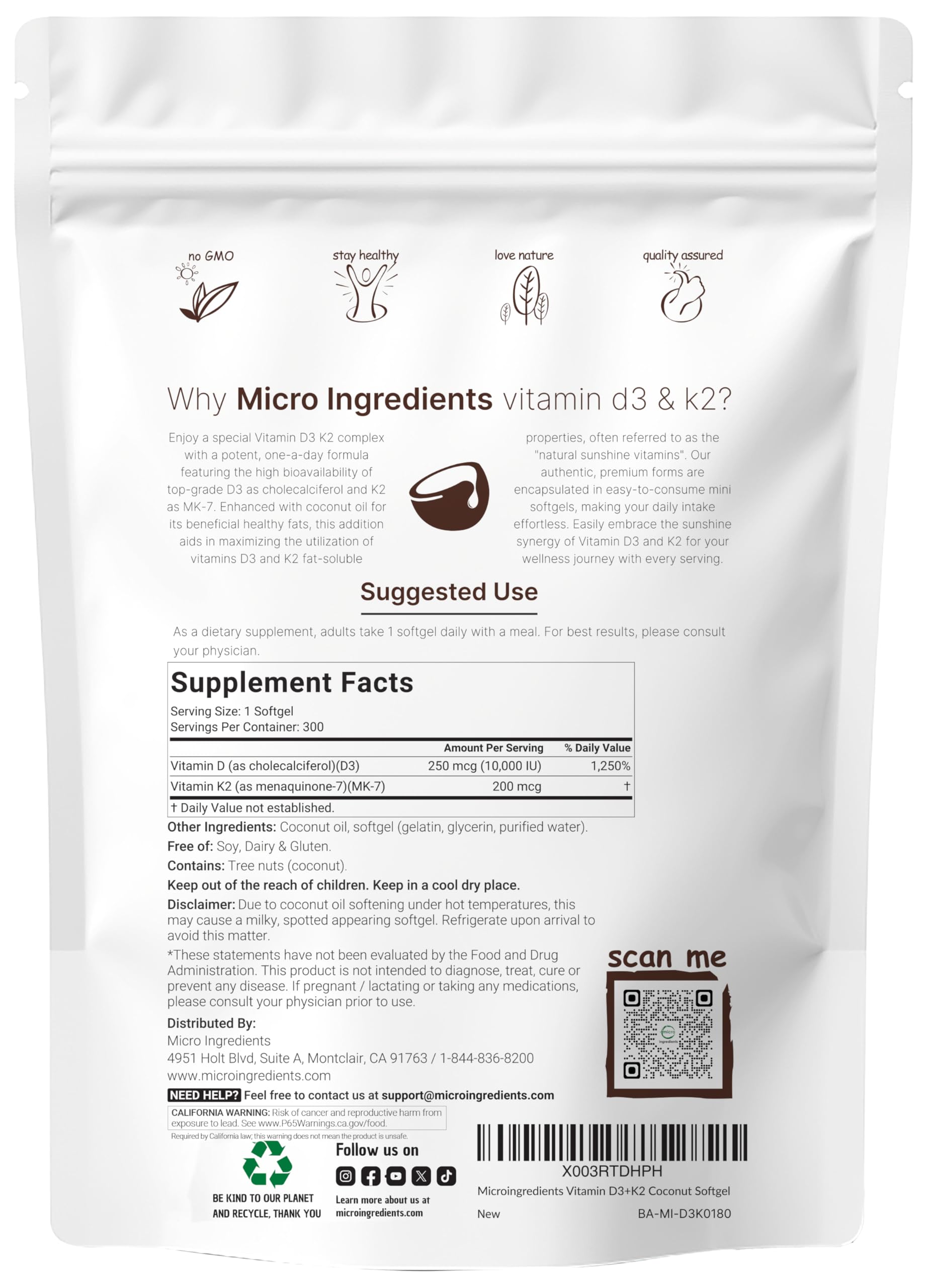 Micro Ingredients Vitamin D3 + K2 Softgels with Coconut Oil

