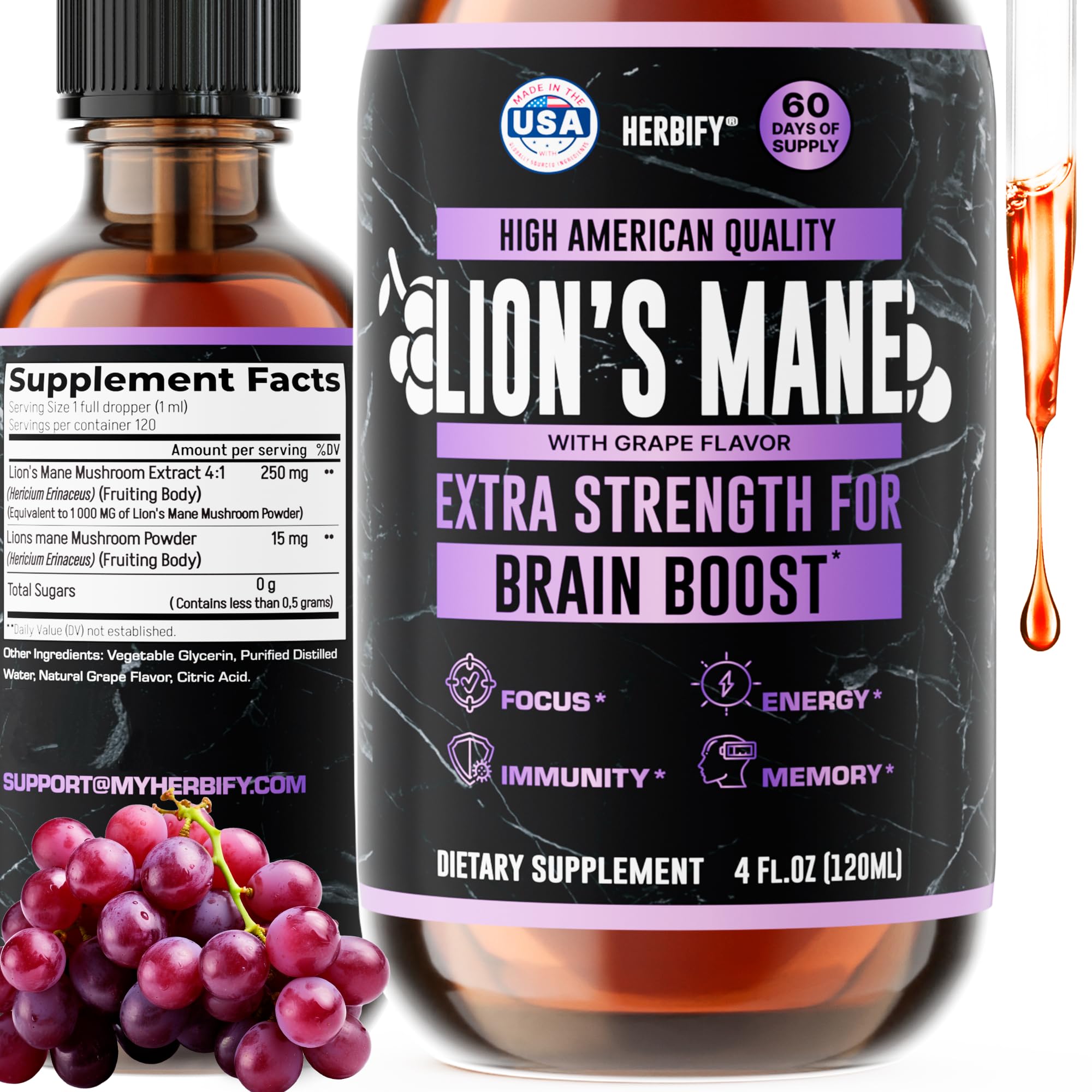 HERBIFY Lions Mane Mushroom Tincture for Brain Health & Immunity