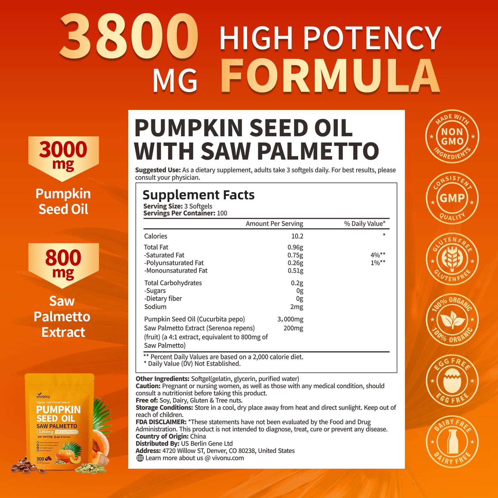 VivoNu Pumpkin Seed Oil with Saw Palmetto for Prostate

