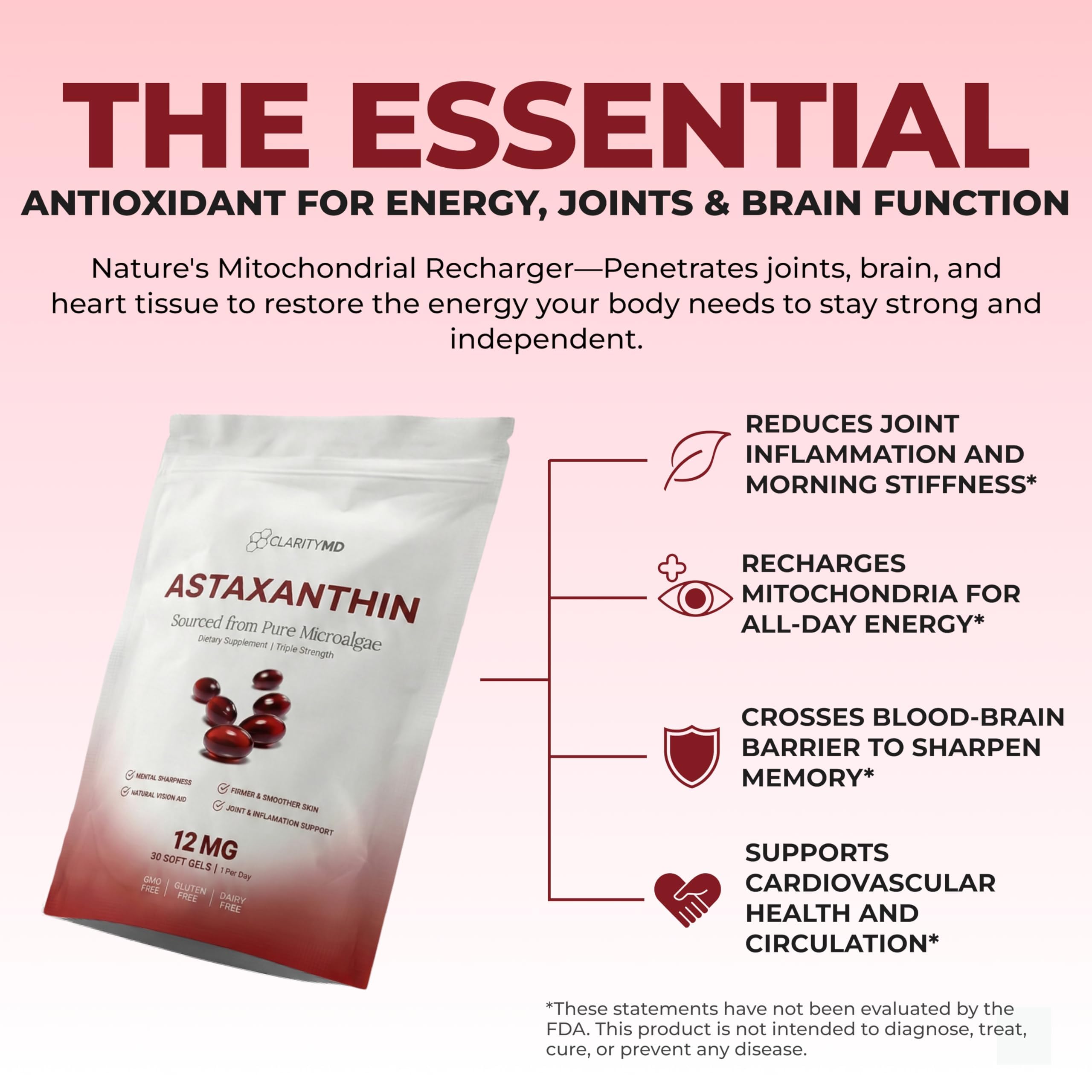 Astaxanthin 12mg Softgels - Natural Microalgae Source


