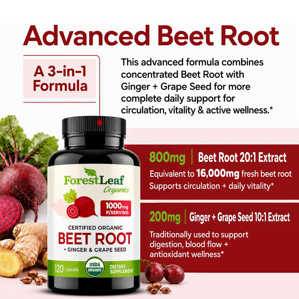 ForestLeaf Beet Root Capsules 1000mg Ginger Grape Seed

