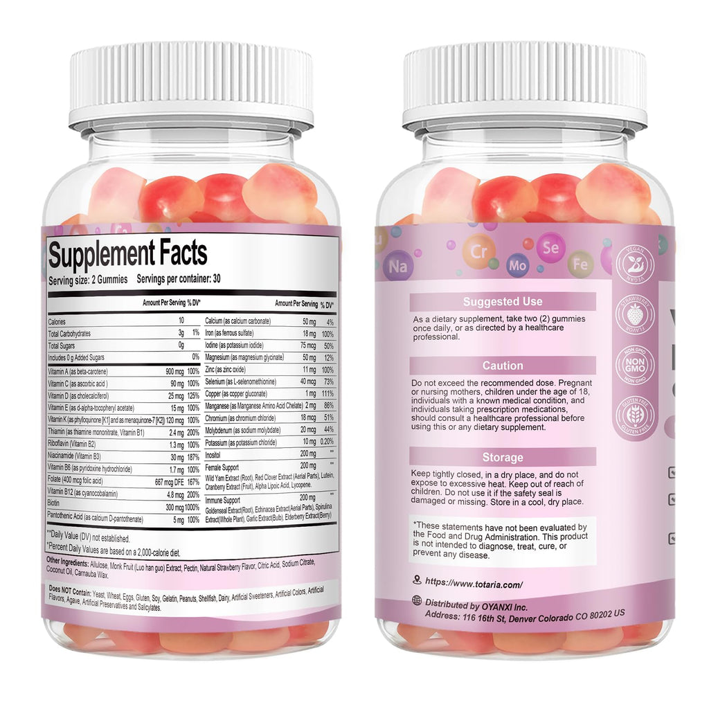 Totaria Sugar Free Multivitamin Gummies for Women 14+ with Iron, Biotin & Vitamins A, C, D3, K2

