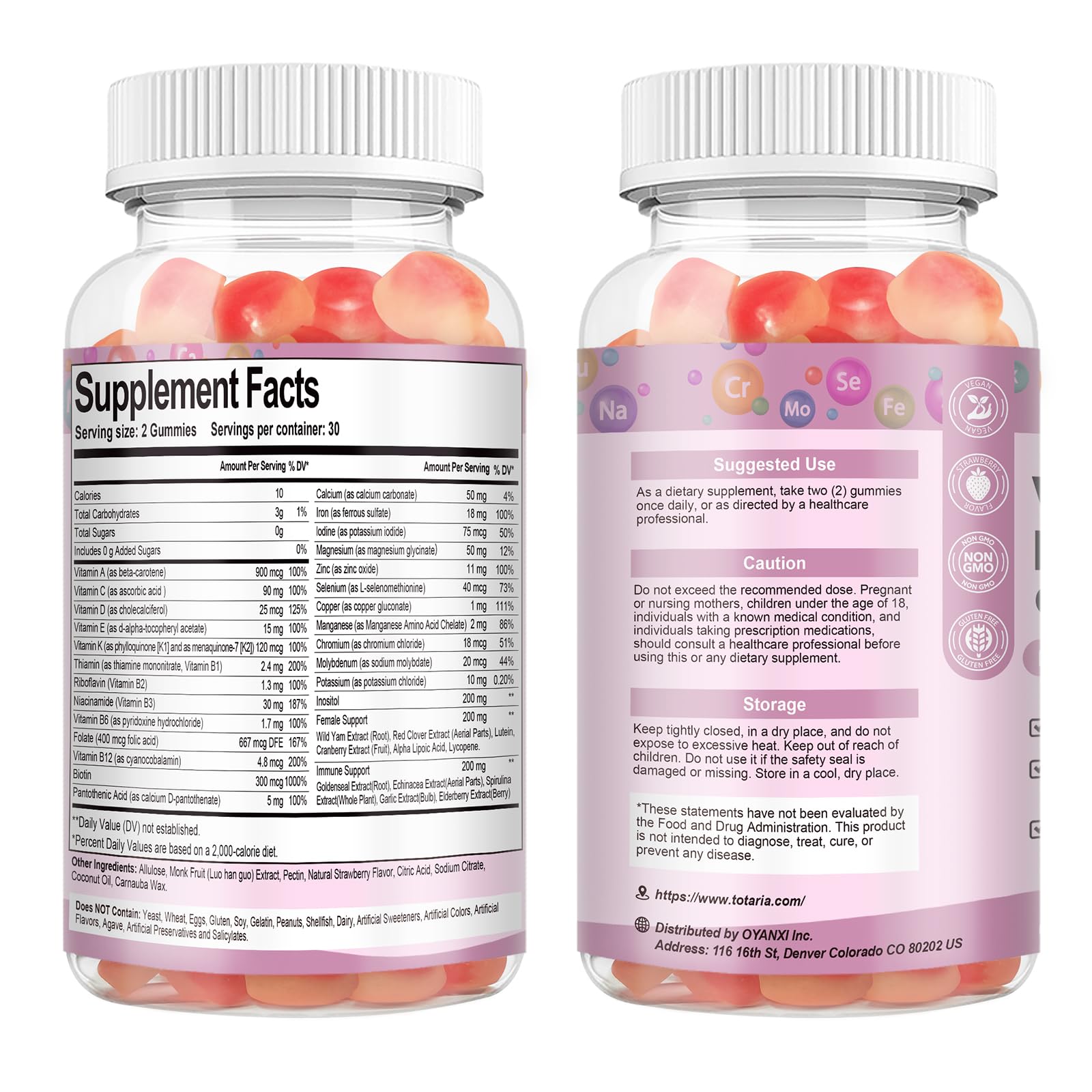 Totaria Sugar Free Multivitamin Gummies for Women 14+ with Iron, Biotin & Vitamins A, C, D3, K2

