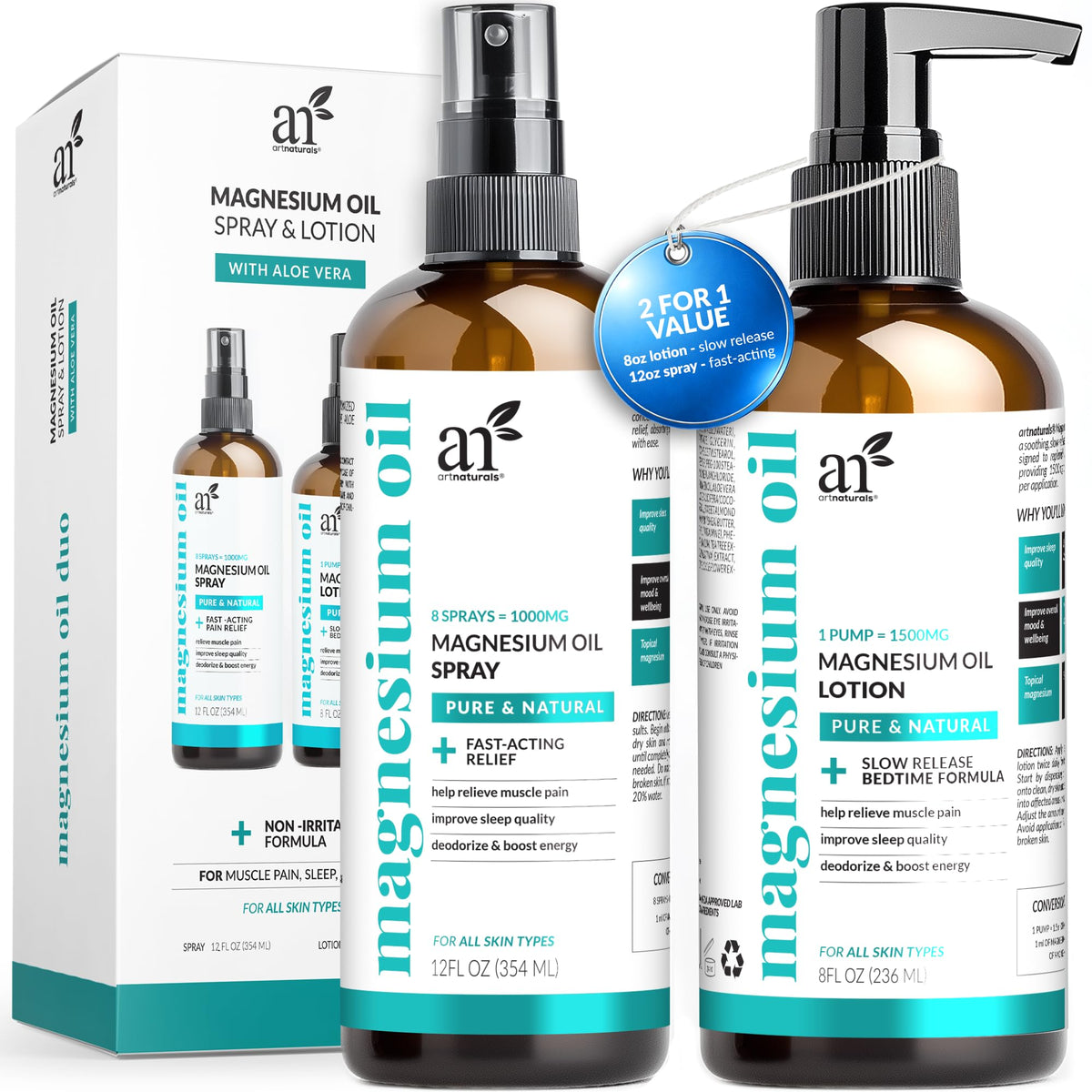 ArtNaturals Magnesium Oil Spray & Body Lotion Set for Sleep & Muscle Relief