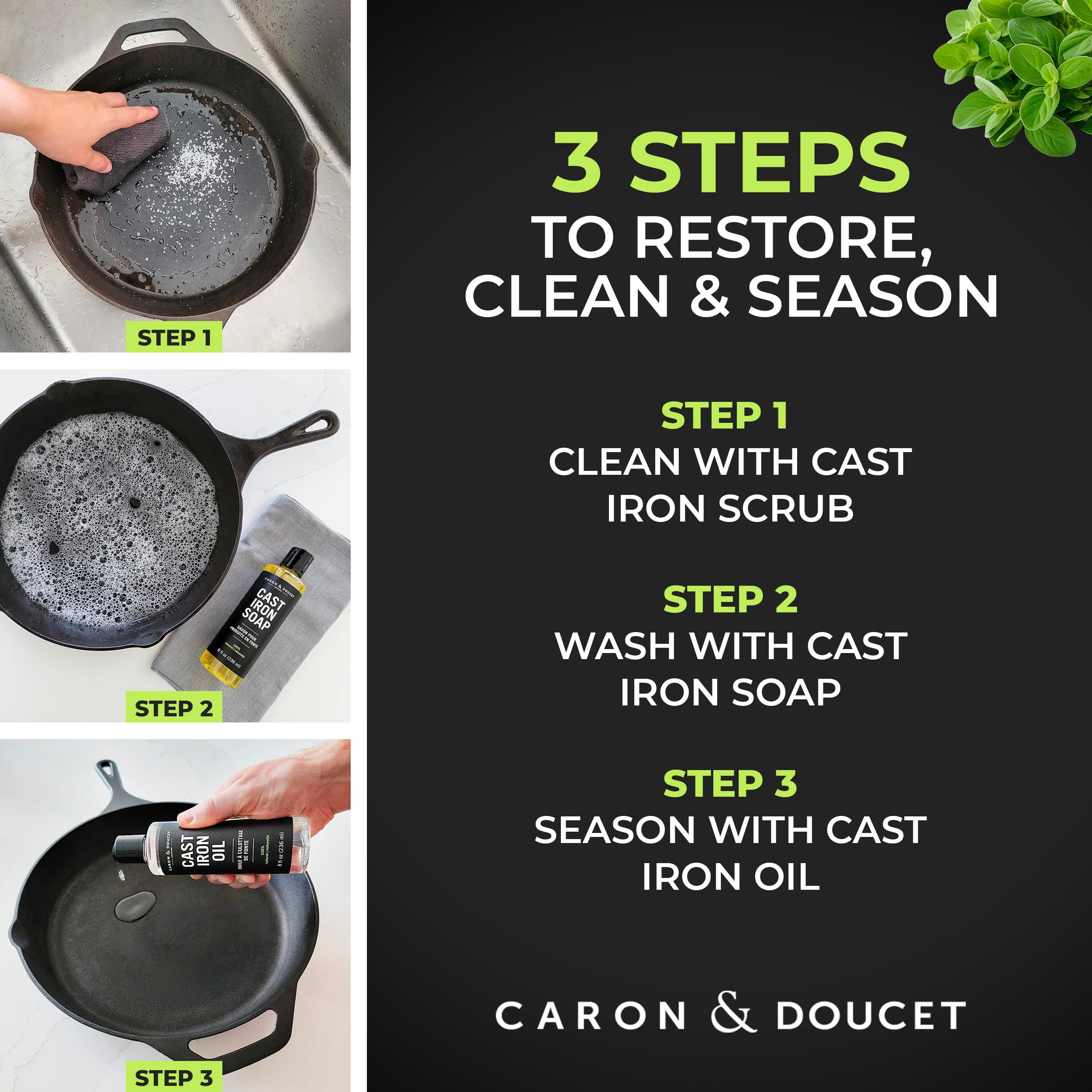 Caron & Doucet Cast Iron Care Set – Seasoning Oil & Soap

