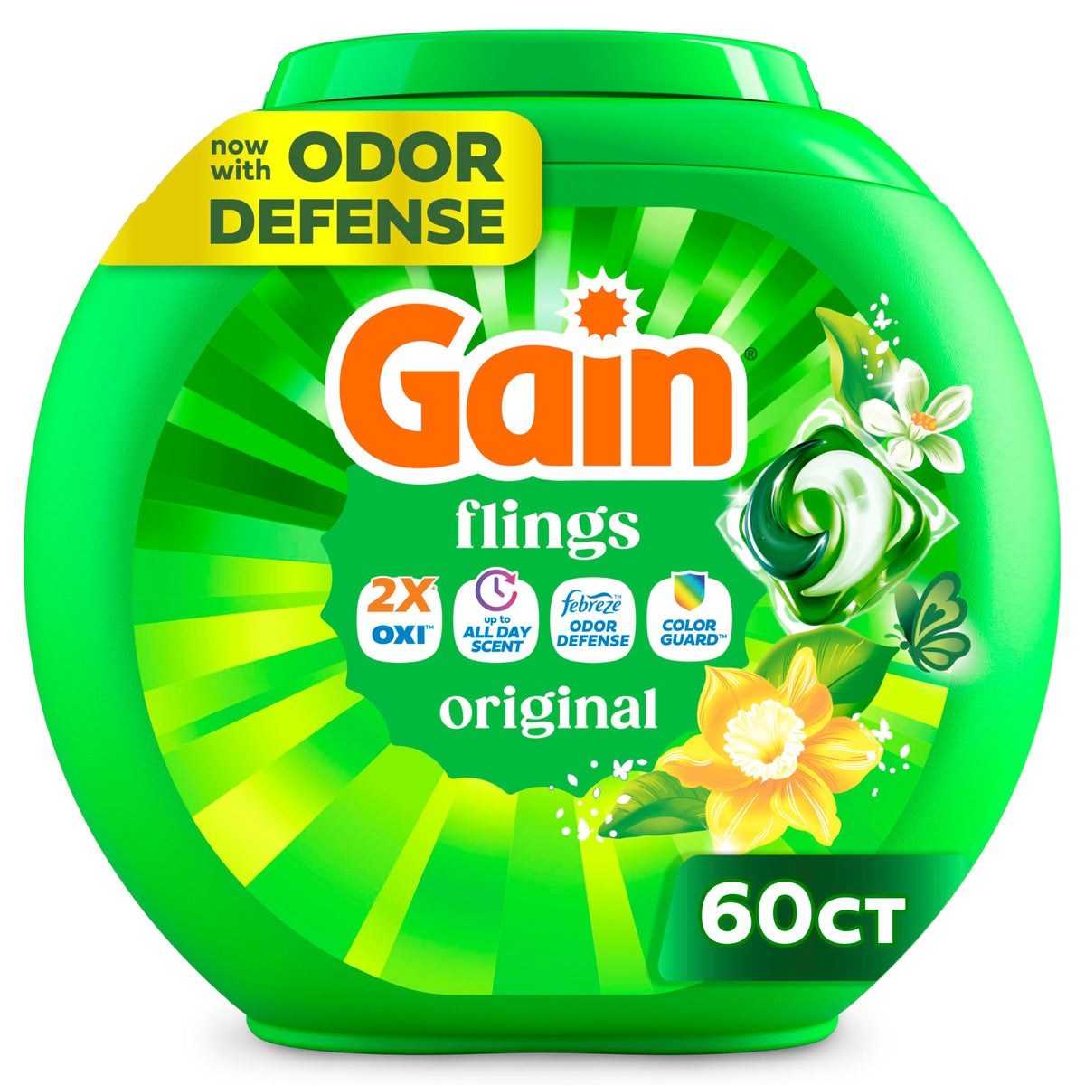 Gain Flings Liquid Laundry Pacs with Odor Defense & Color Guard