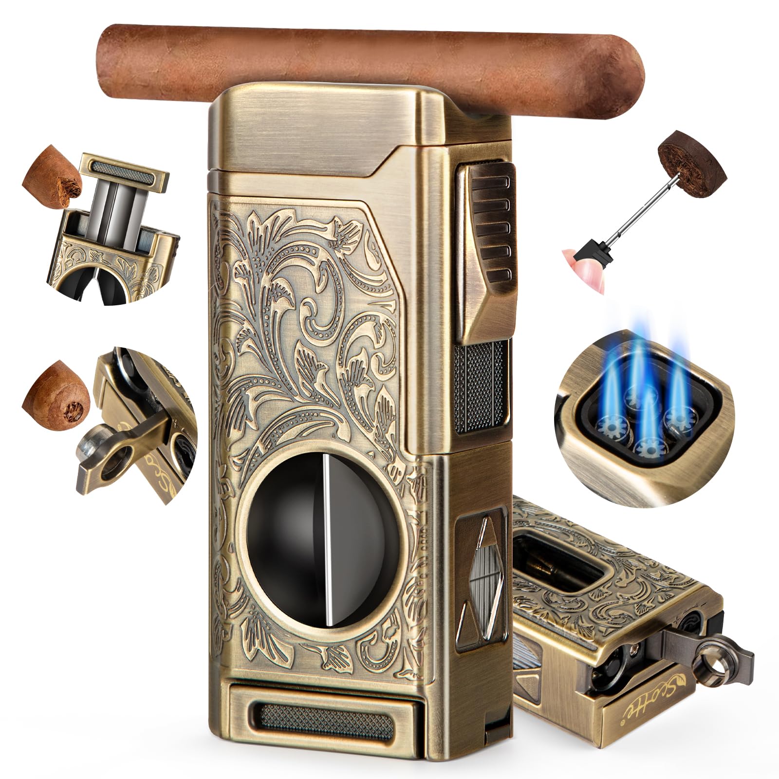 Quad Jet Flame Torch Lighter with Cigar Cutter, Punch & Holder