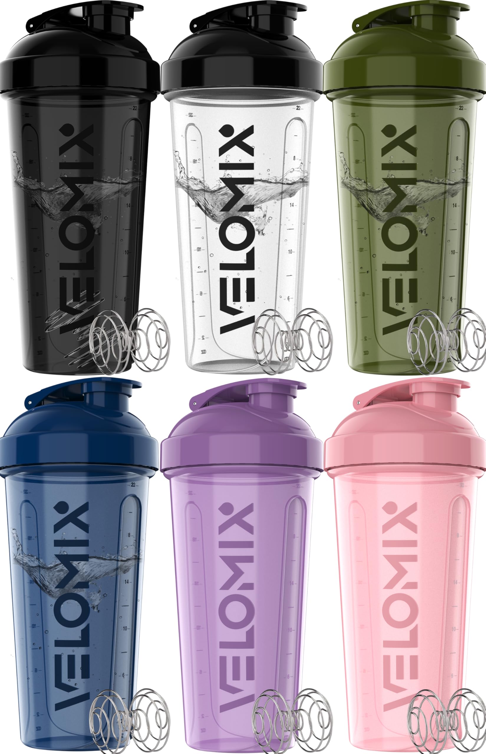 VELOMIX 28 oz Protein Shaker Bottle with 6 Wire Whisk Balls BPA-Free Leak-Proof