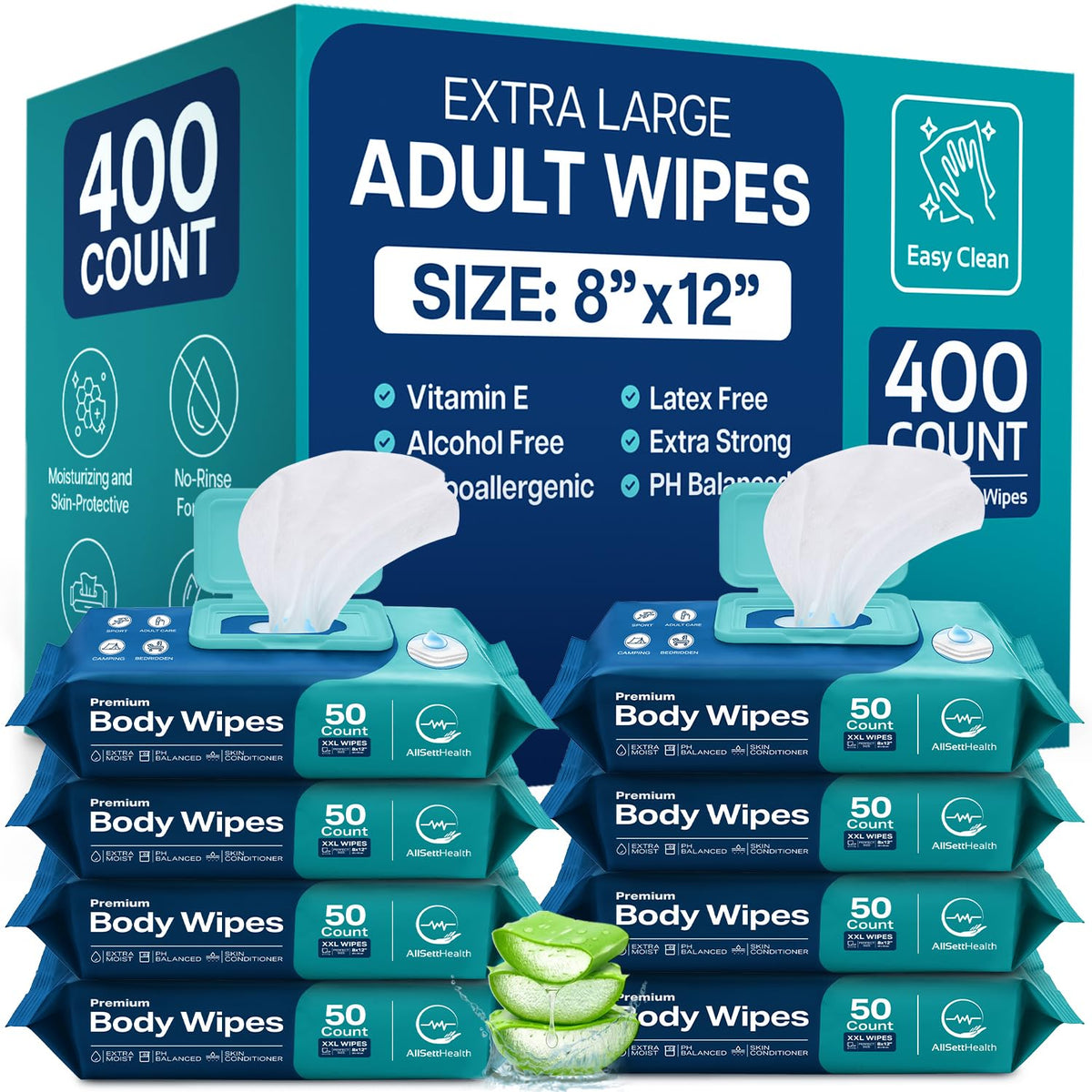 Adult No-Rinse Body Wipes with Aloe Vera & Vitamin E