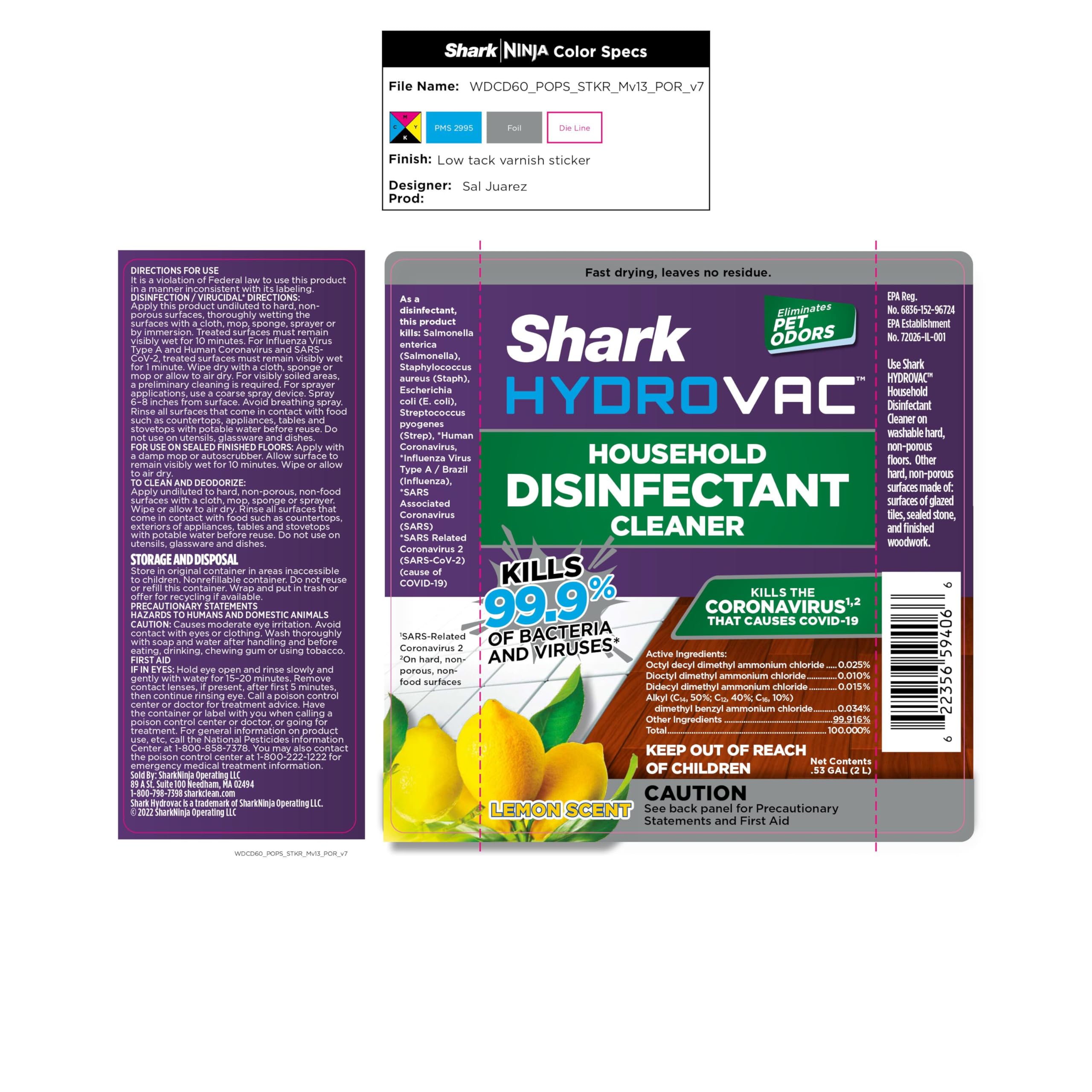 Shark HydroVac Disinfectant Cleaner Kills 99.9% Bacteria


