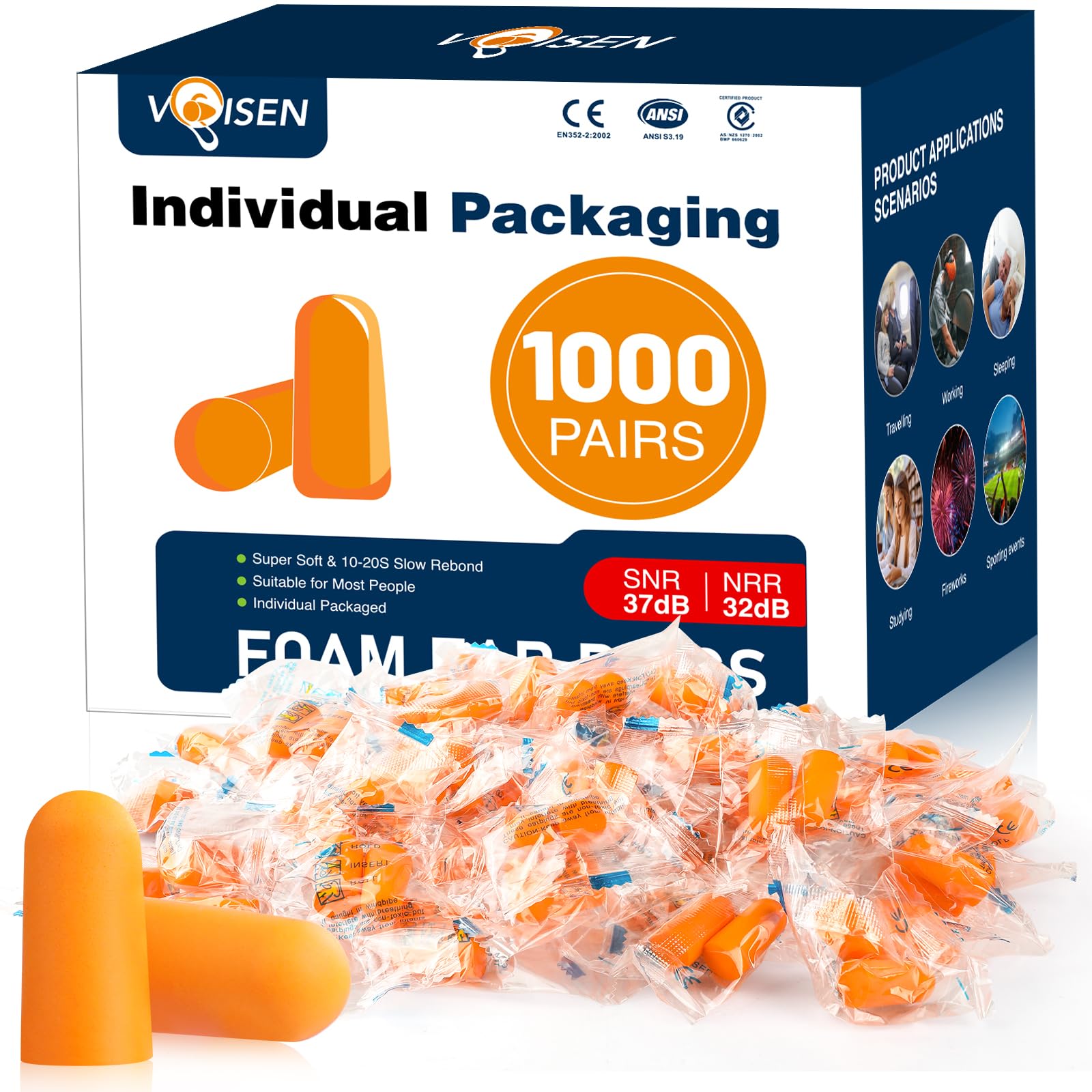 VOISEN Ear Plugs for Sleeping 32dB NRR Soft Foam Comfort