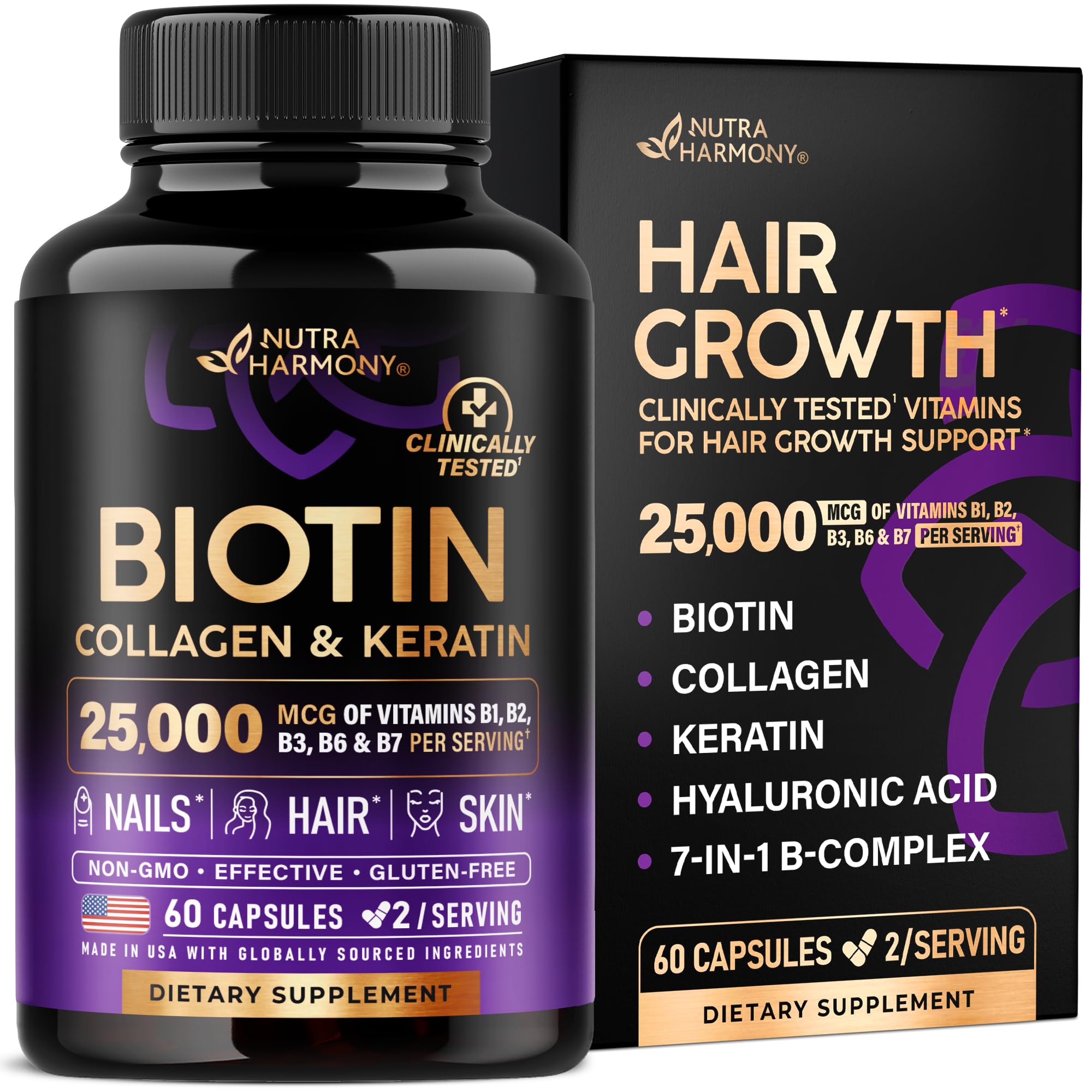 Hair Growth Vitamins by NutraHarmony Biotin Collagen Keratin

