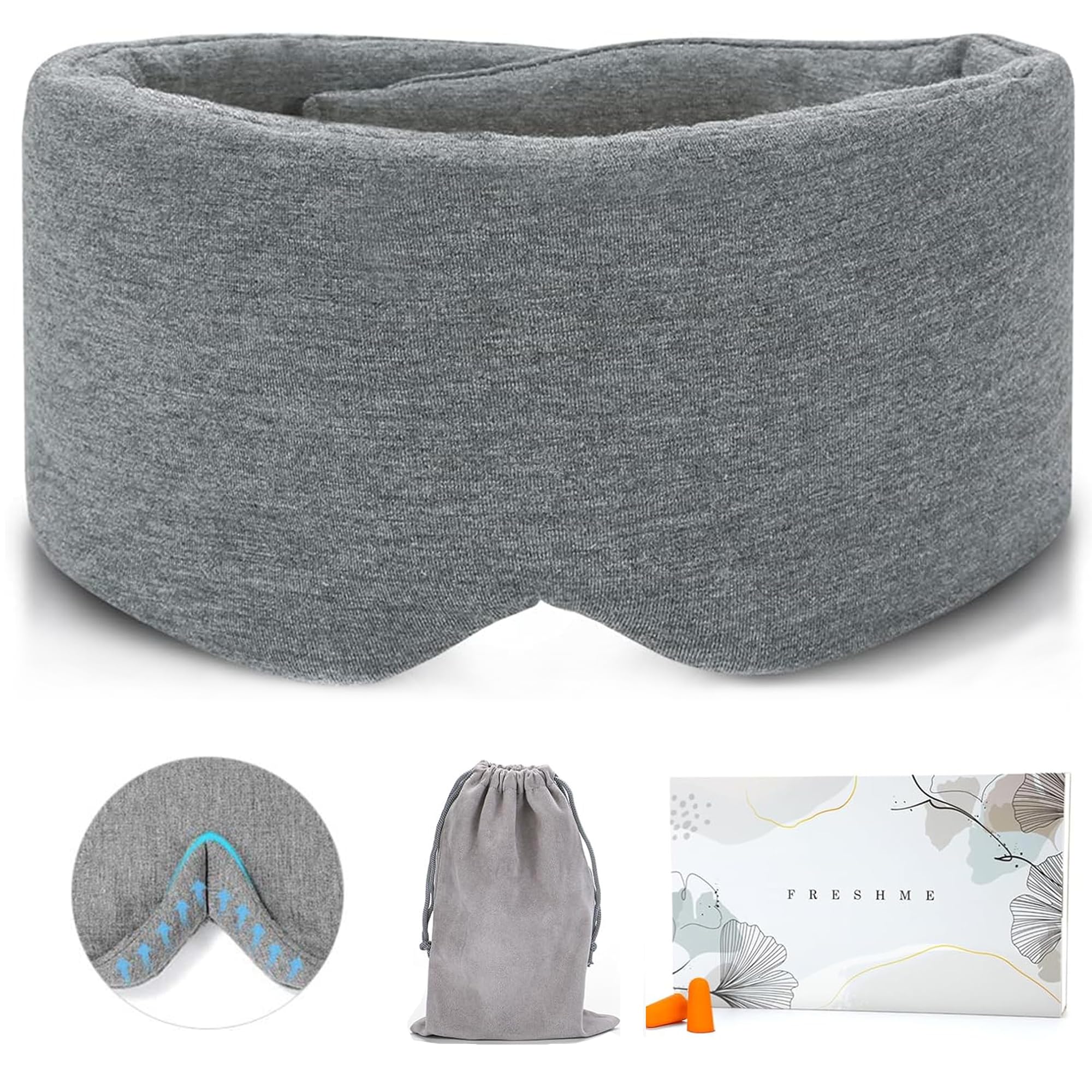 FRESHME Cotton Sleep Eye Mask - Blackout, Adjustable Velcro Strap