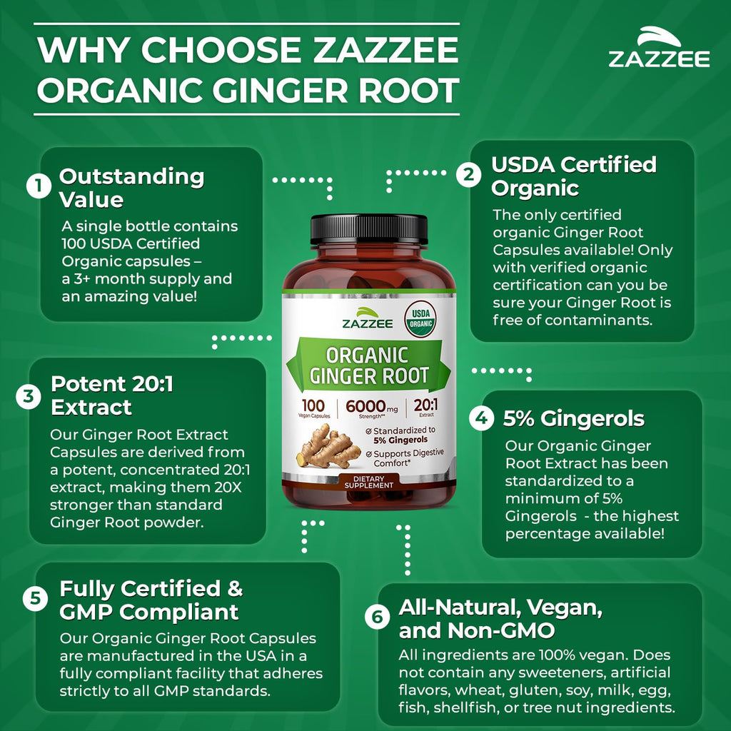 Zazzee Organic Ginger Root Extract - Digestive Support

