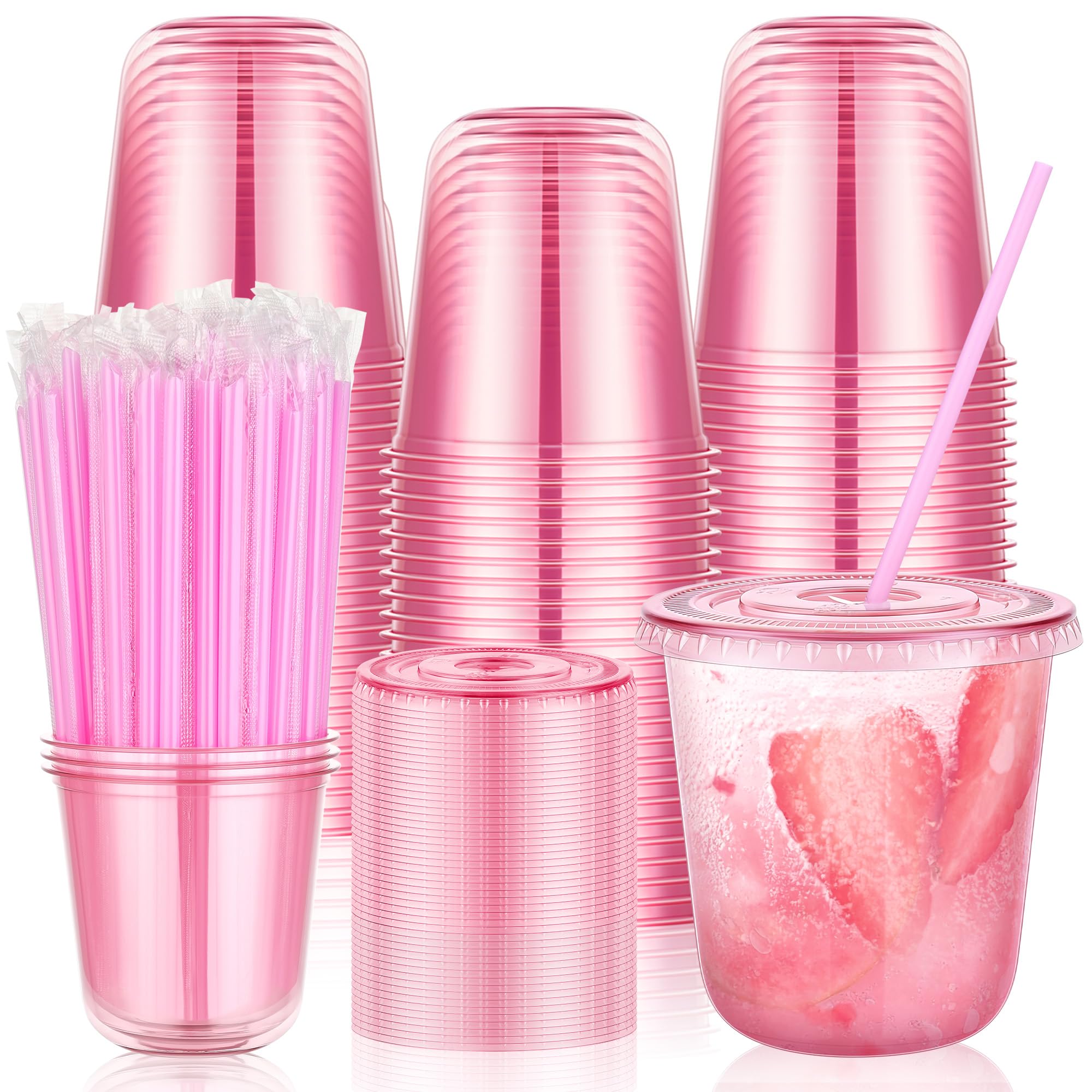 tchrules 100-Set Plastic Cups with Lids and Straws