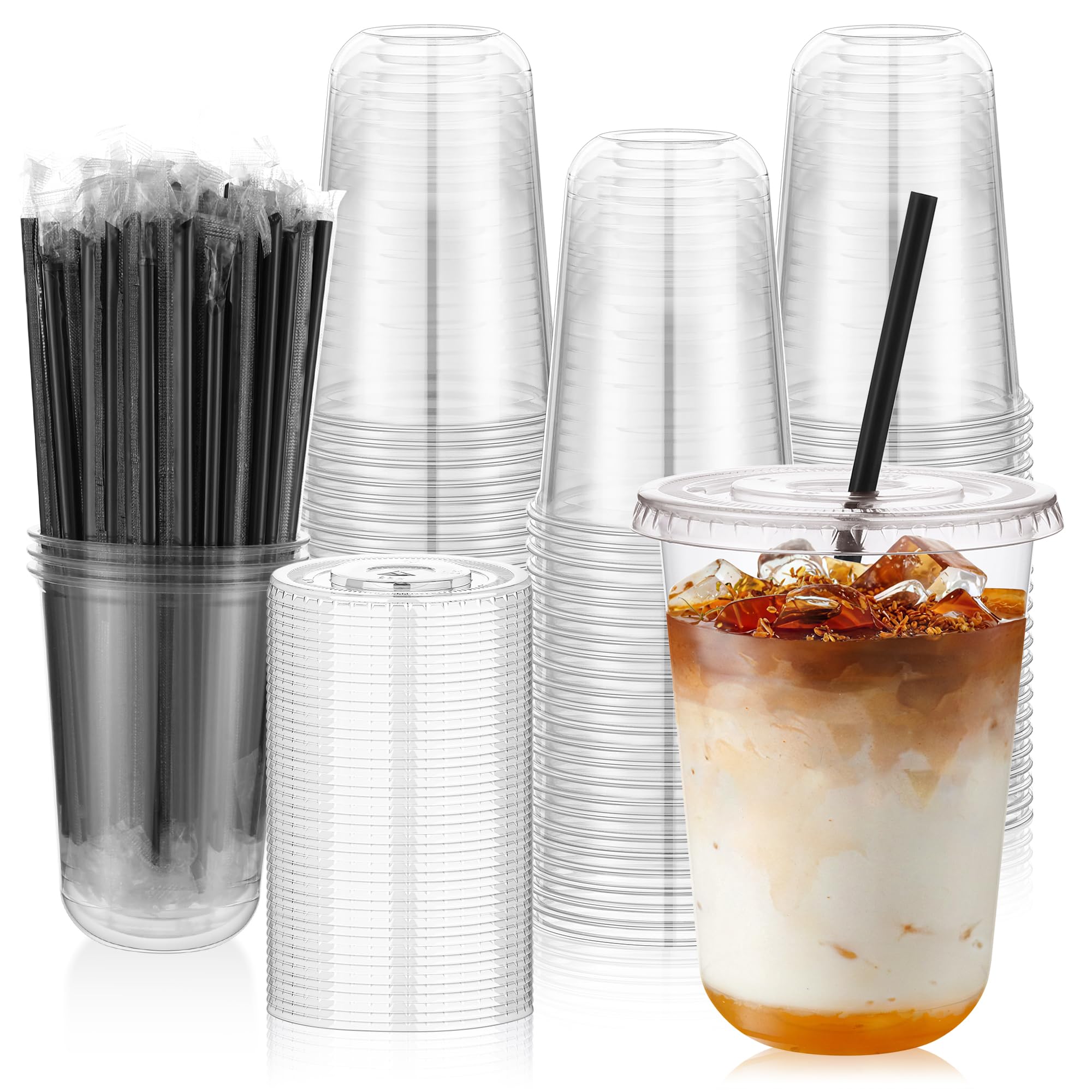 tchrules Plastic Cups with Lids and Straws - 100 Set

