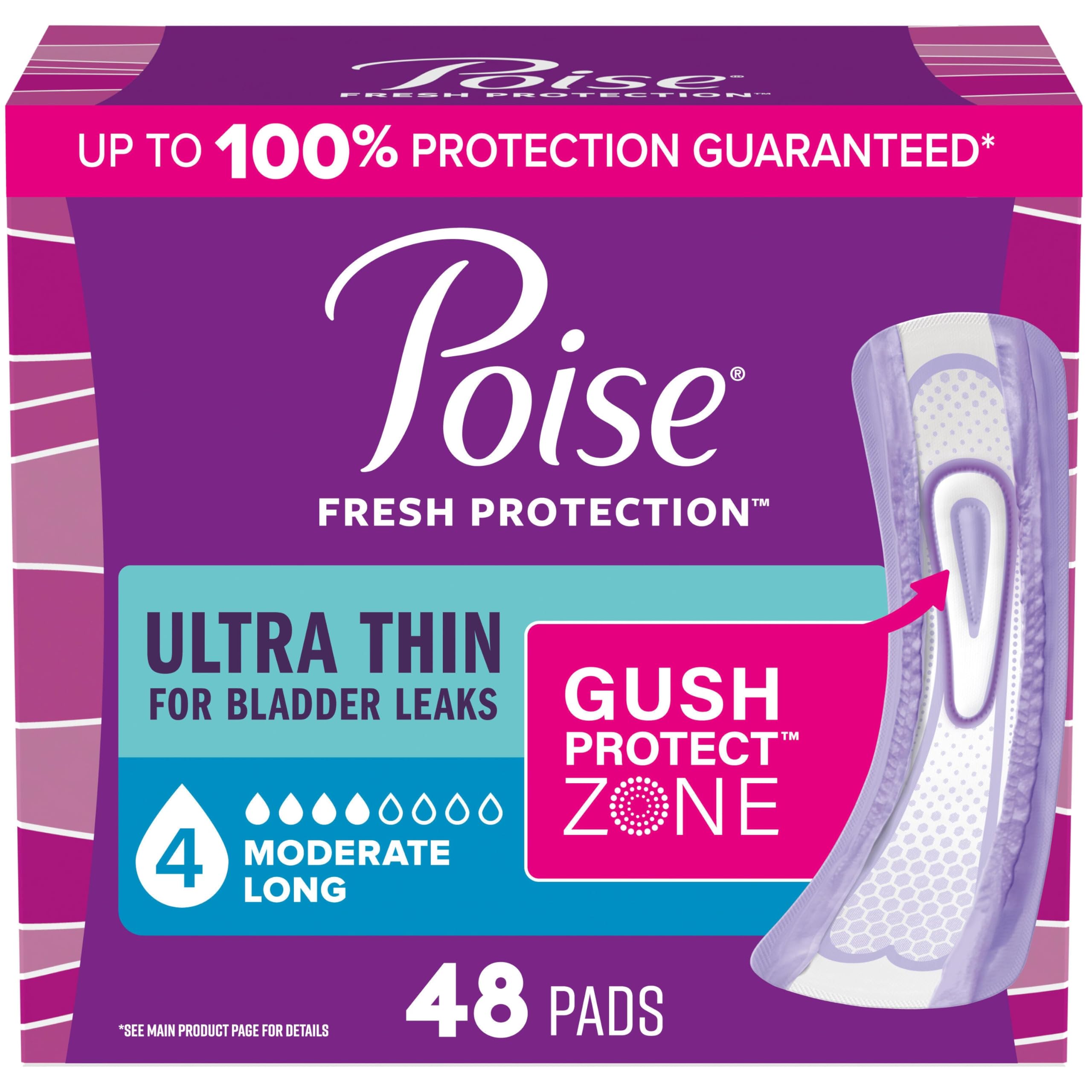 Poise Ultra Thin Incontinence Pads for Bladder Leaks with GushProtect Zone