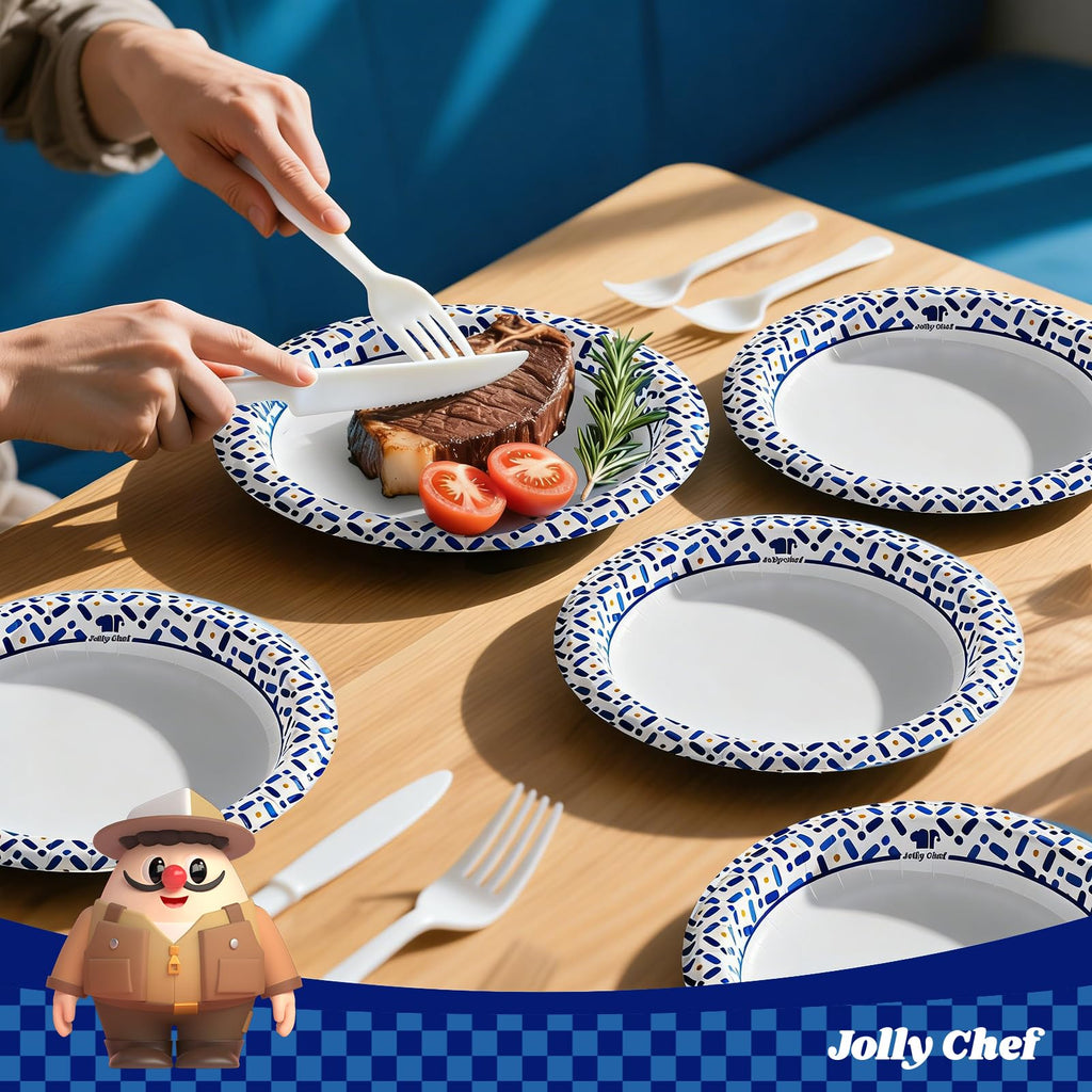 JOLLY CHEF Disposable Paper Plates - Heavy-Duty Soak-Proof

