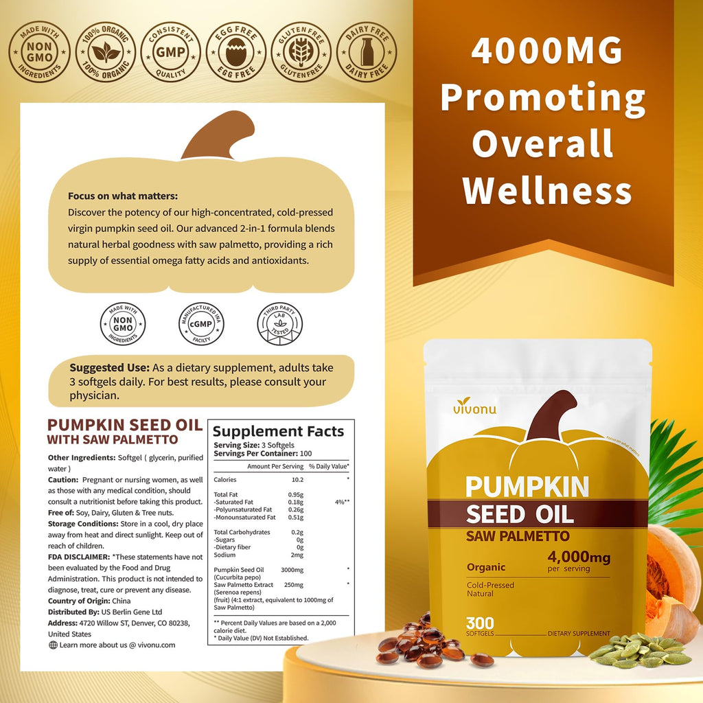 VivoNu Organic Pumpkin Seed Oil with Saw Palmetto Capsules

