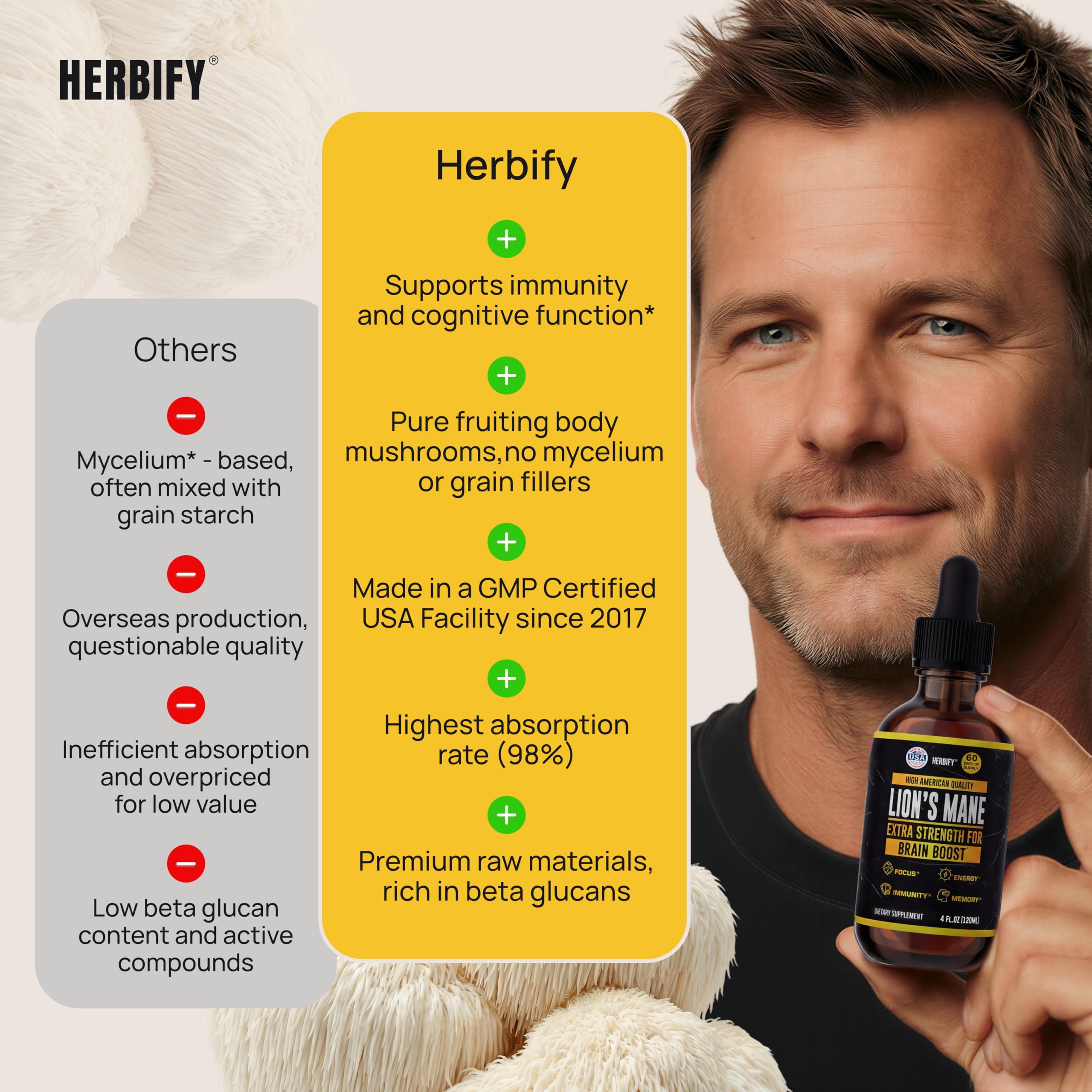 HERBIFY Lions Mane Mushroom Tincture for Brain Health

