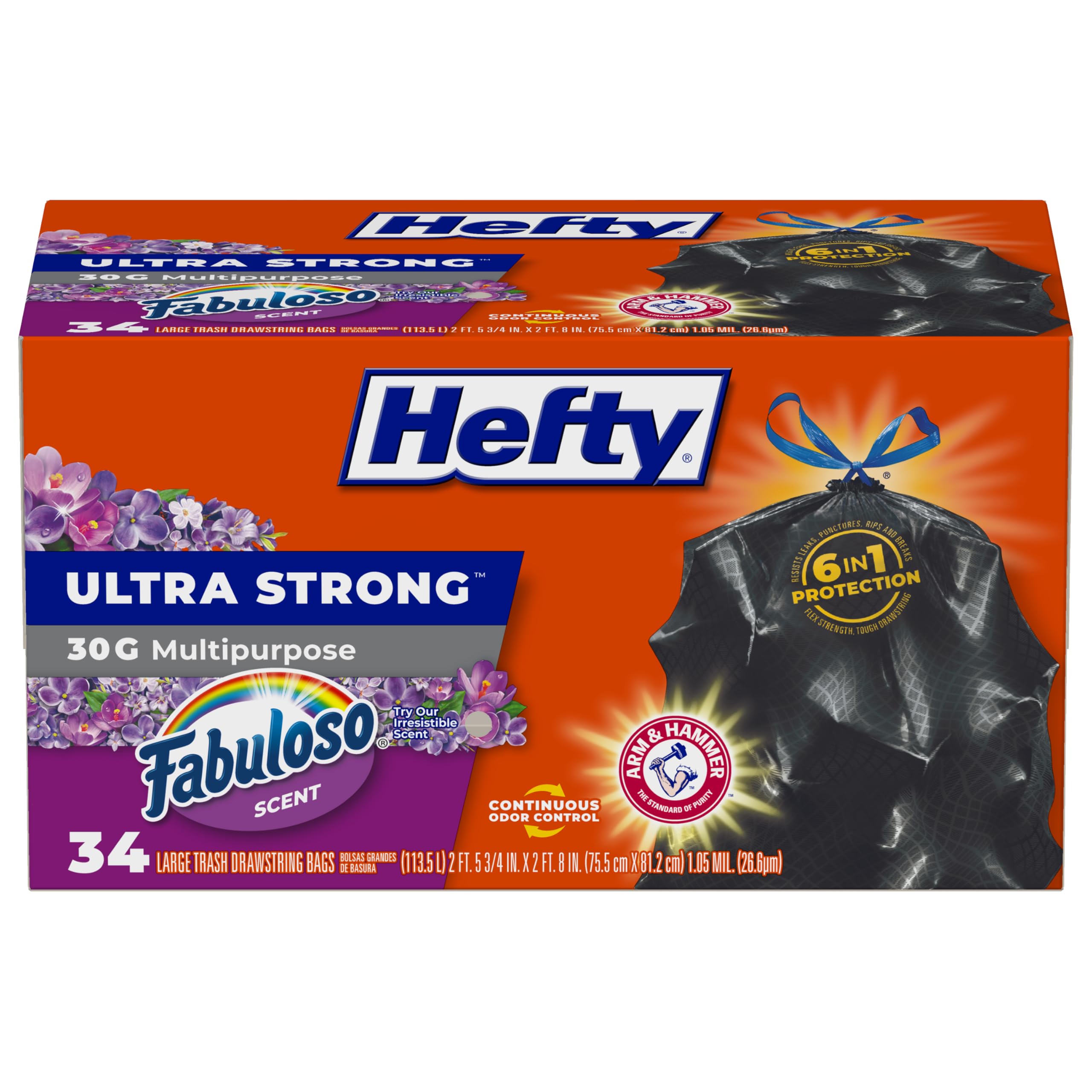 Hefty Ultra Strong Drawstring Trash Bags - Multipurpose 6-in-1 Protection