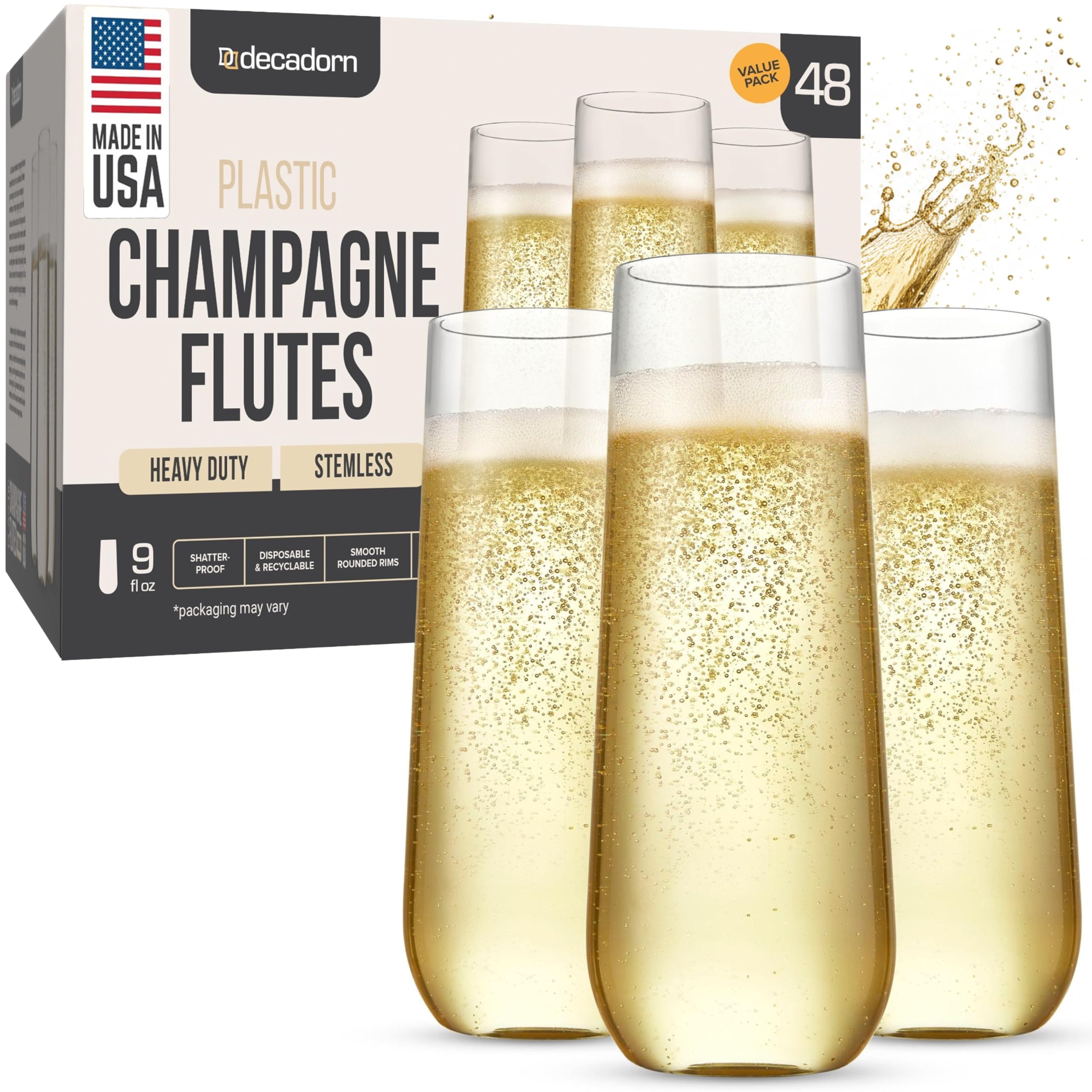 DECADORN Clear Stemless Champagne Flutes BPA-Free

