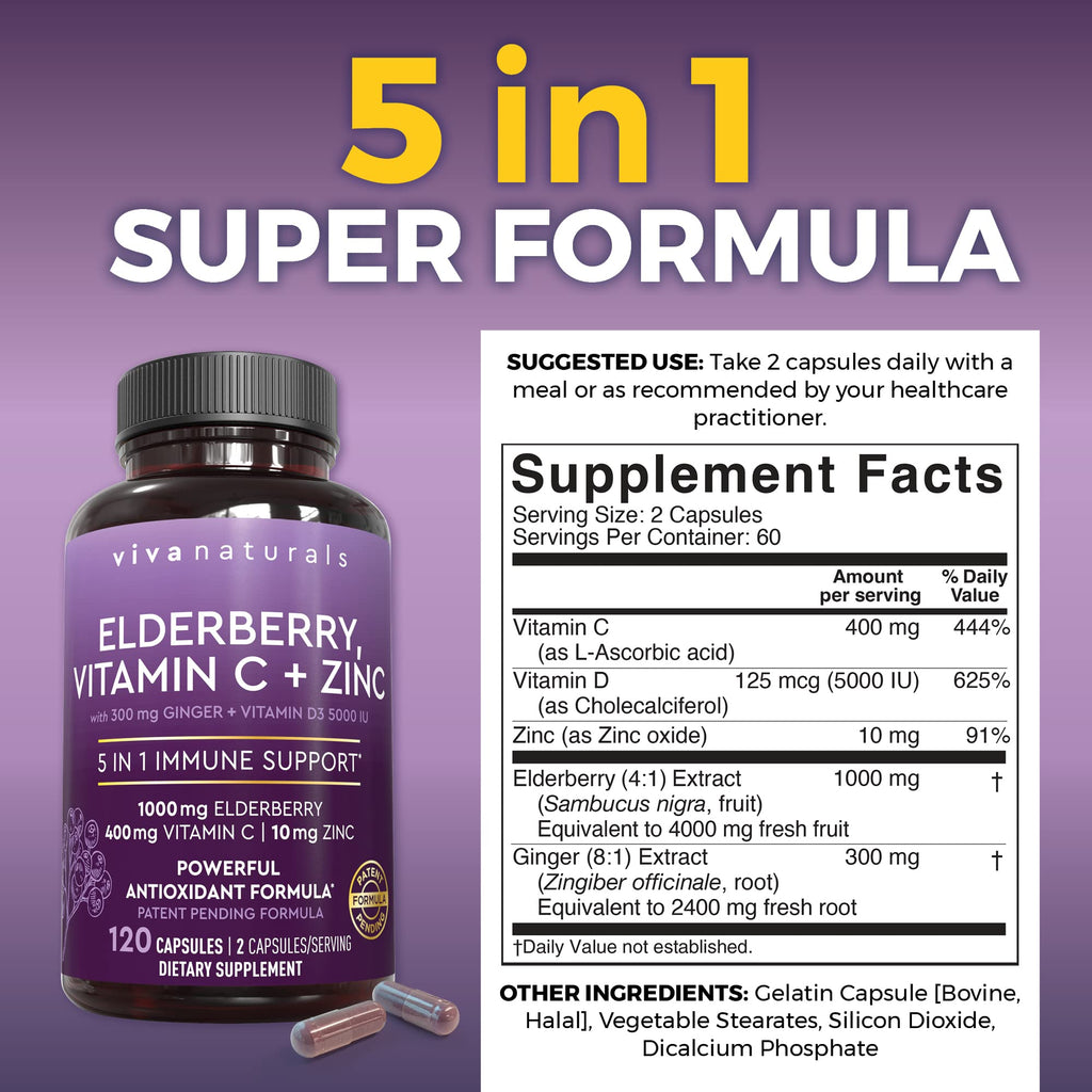 Viva Naturals Elderberry Immune Support Vitamin C D3 Zinc

