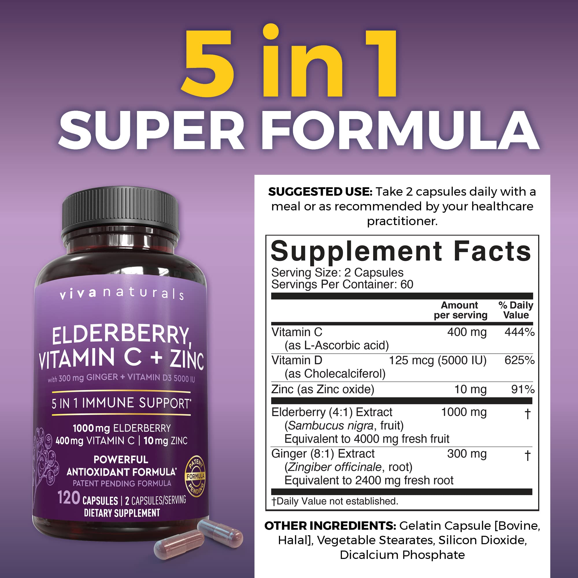 Viva Naturals Elderberry Immune Support Vitamin C D3 Zinc

