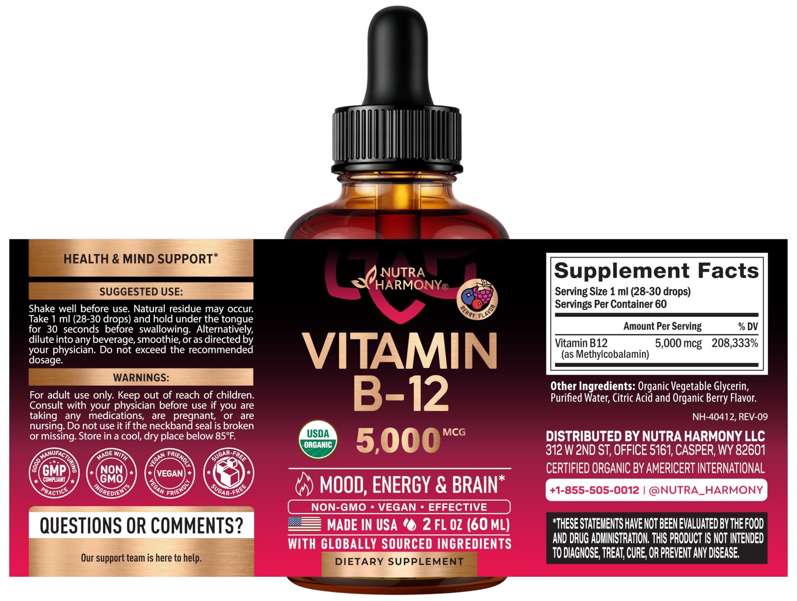 USDA Organic Vitamin B12 Sublingual Methylcobalamin 5000 mcg

