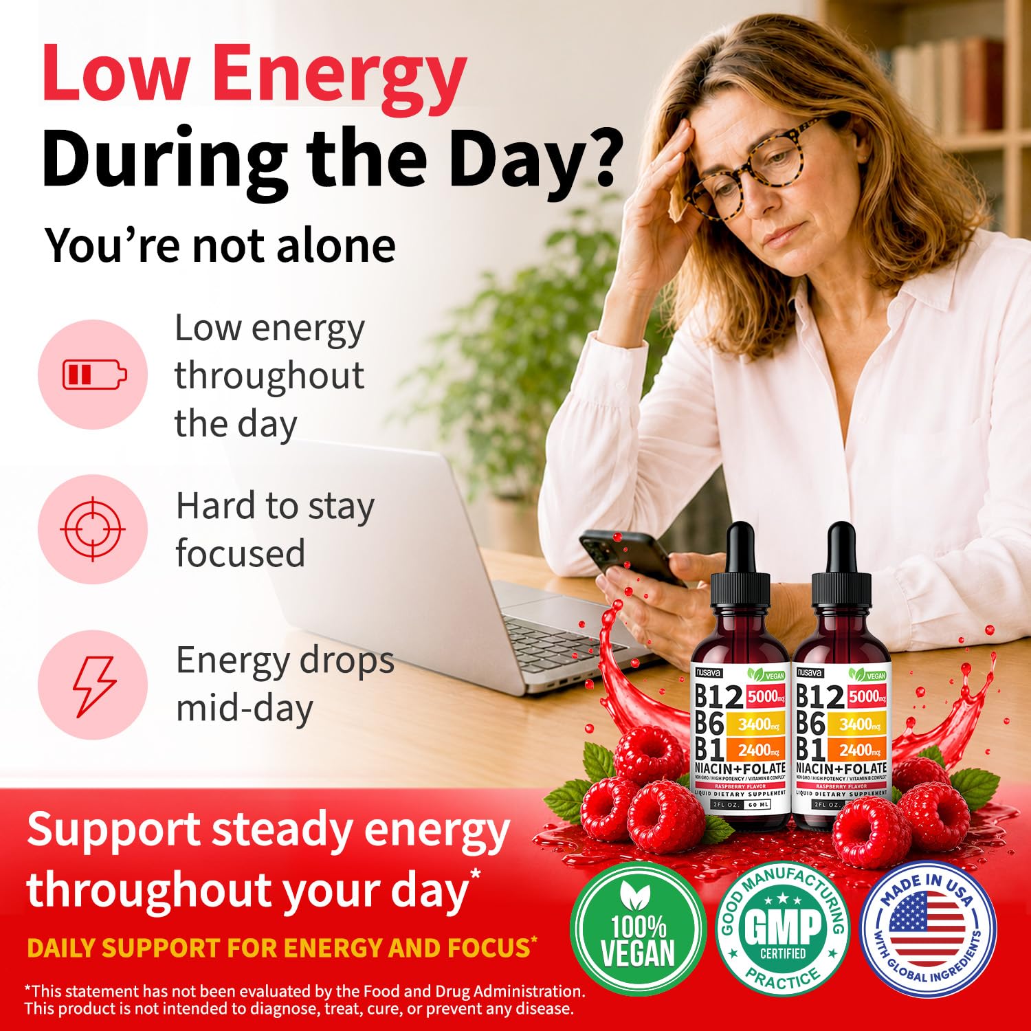 NUSAVA Vitamin B12 Liquid Drops | 5-in-1 Sublingual B Complex

