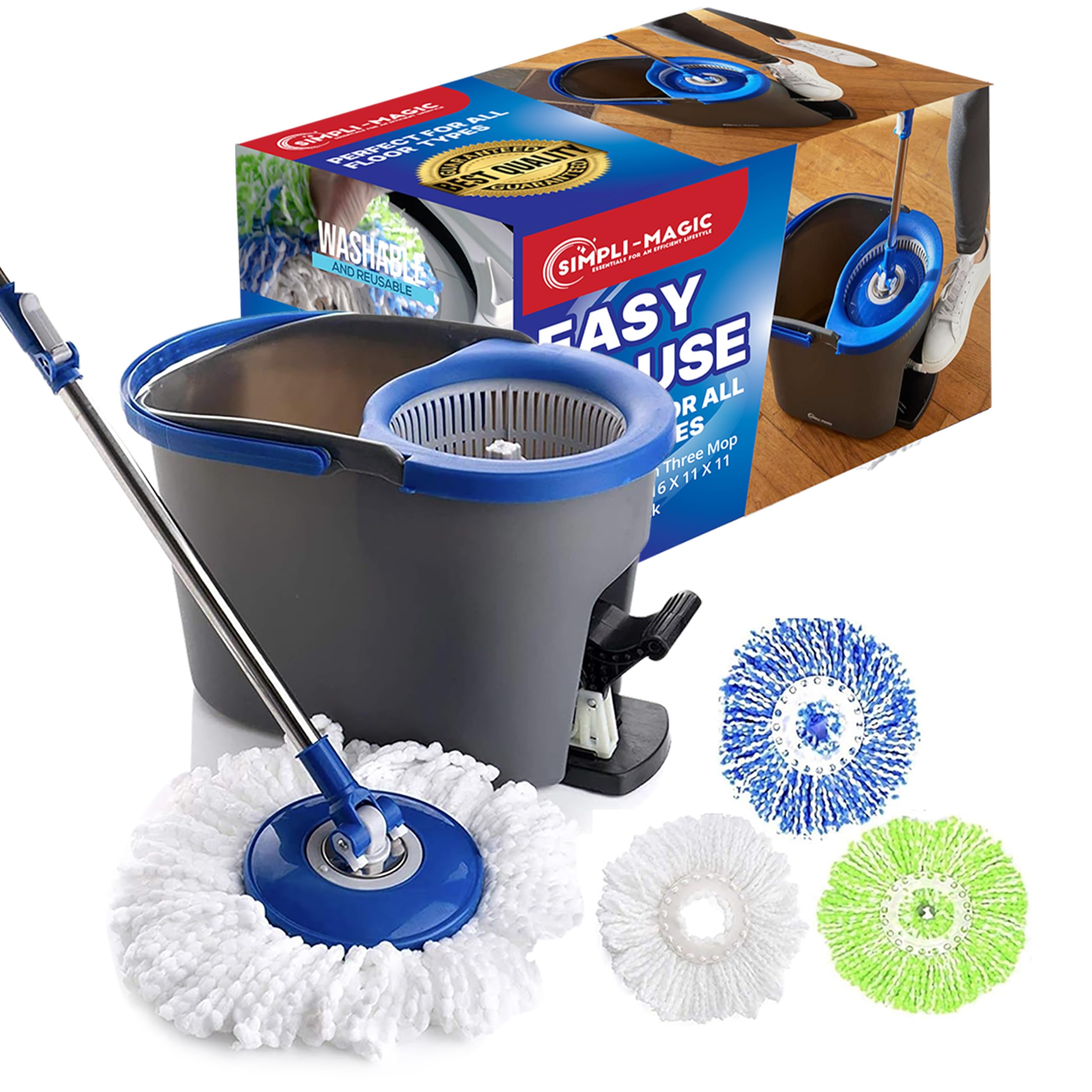 Simpli-Magic Cleaning System with 3 Microfiber Mop Heads and Extendable Pole