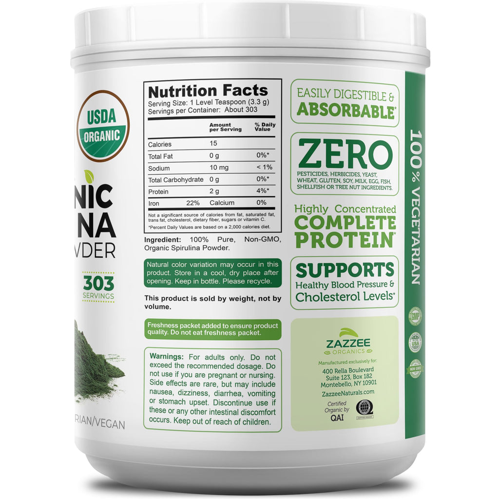 Zazzee USDA Organic Spirulina Powder - 100% Pure


