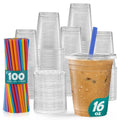 GUSTO Disposable Clear Cups with Flat Lids & Straws