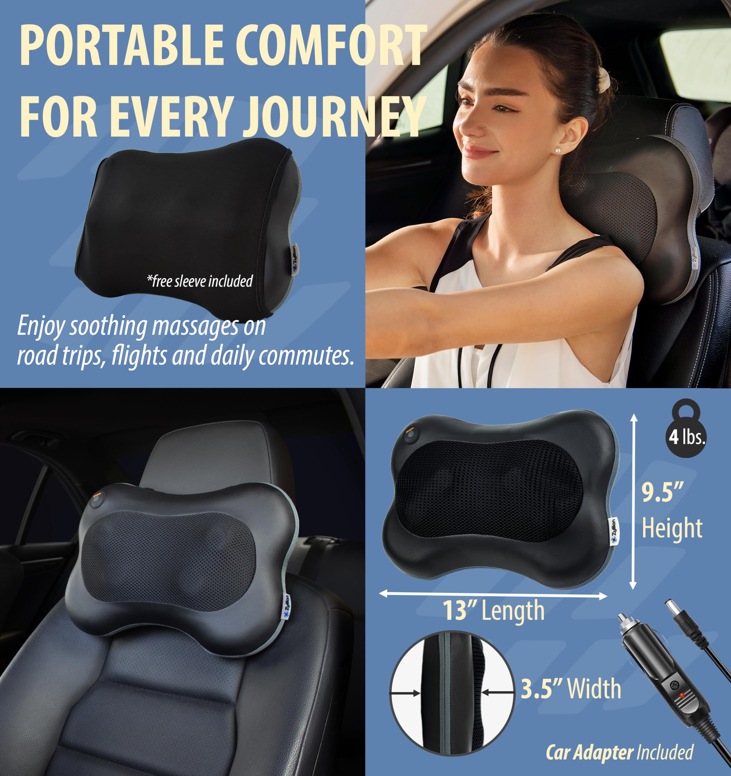 Zyllion Shiatsu Back Massager with Heat - 3D Kneading Pillow

