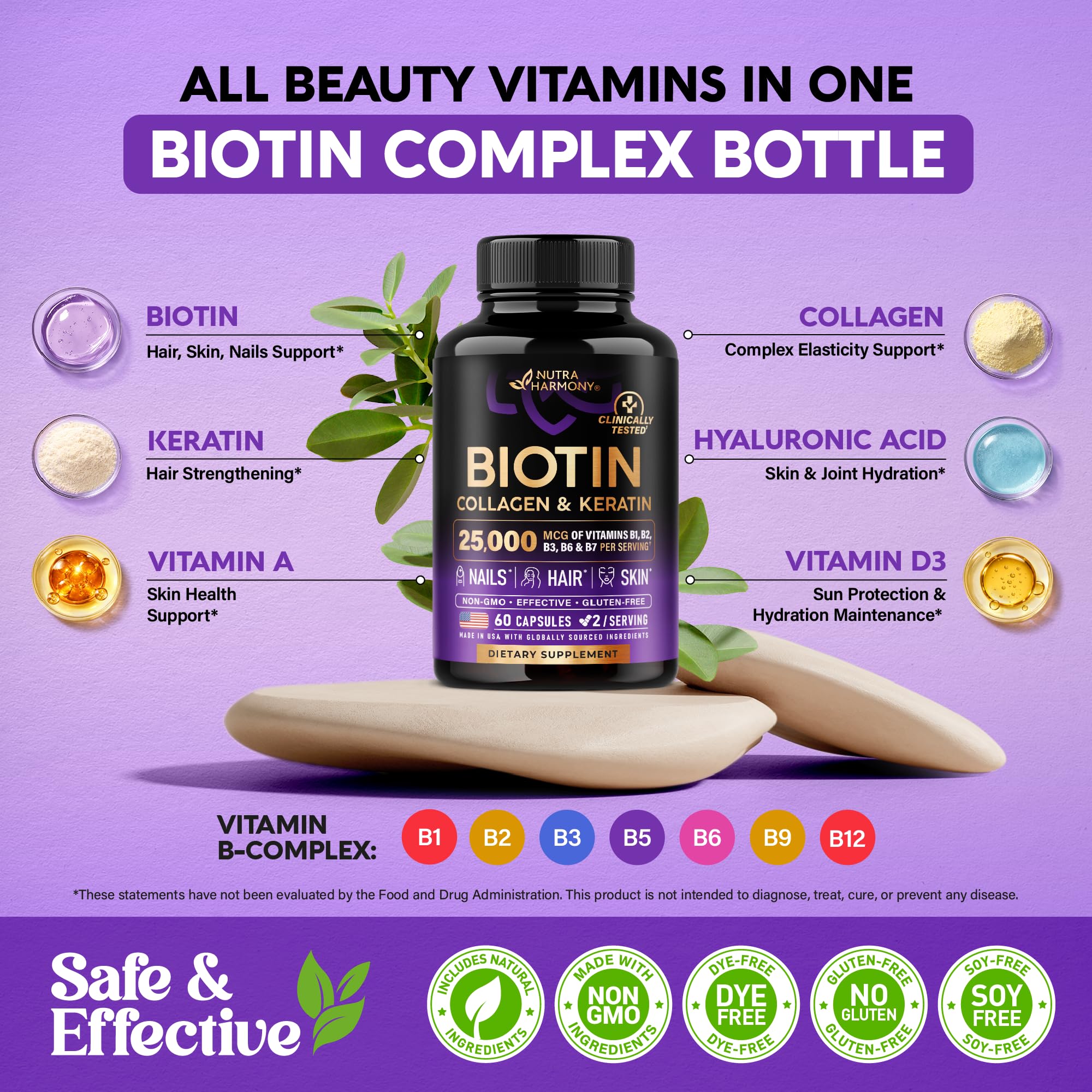 Hair Growth Vitamins by NutraHarmony Biotin Collagen Keratin

