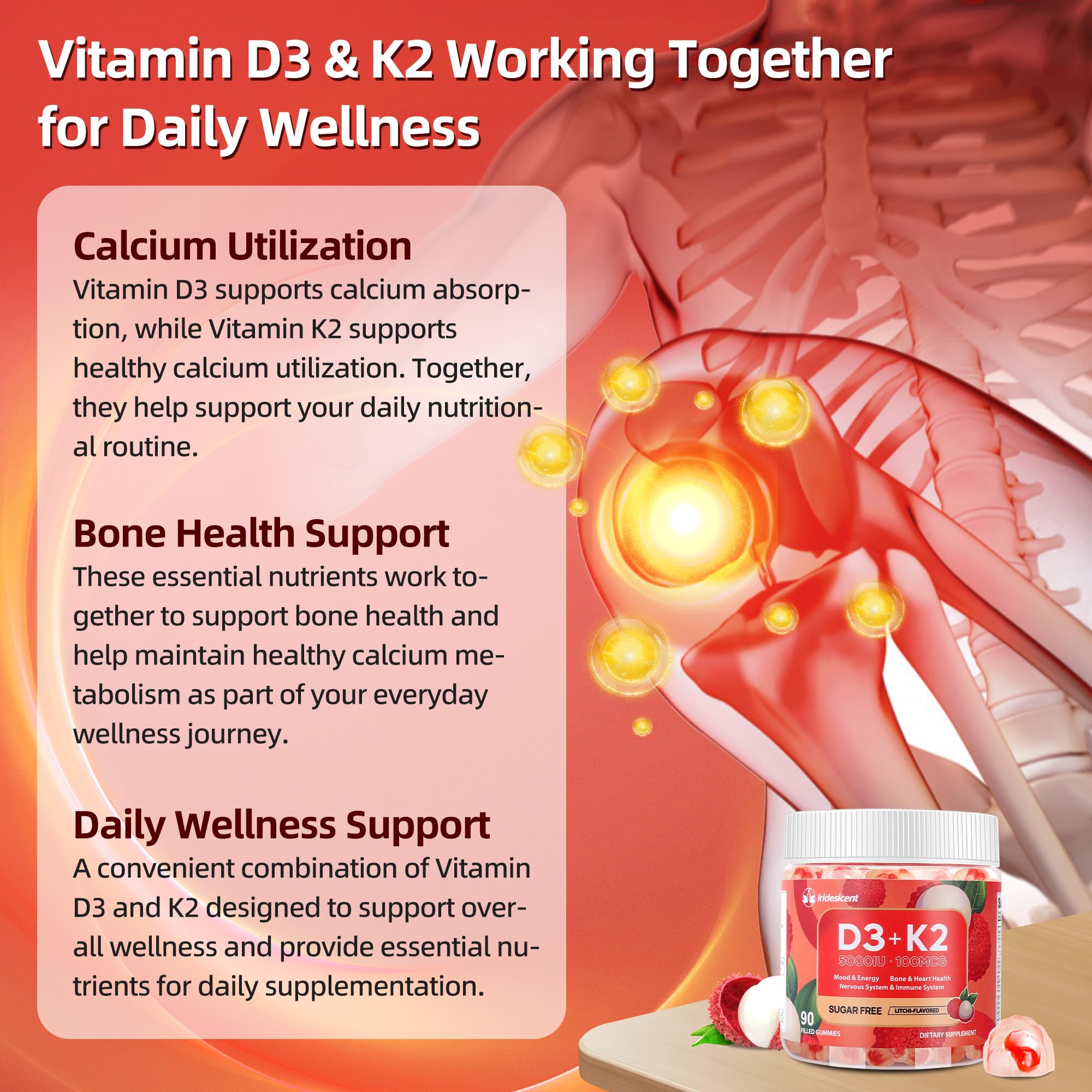 Vitamin D3 K2 Gummies Sugar Free for Bone & Immune Health

