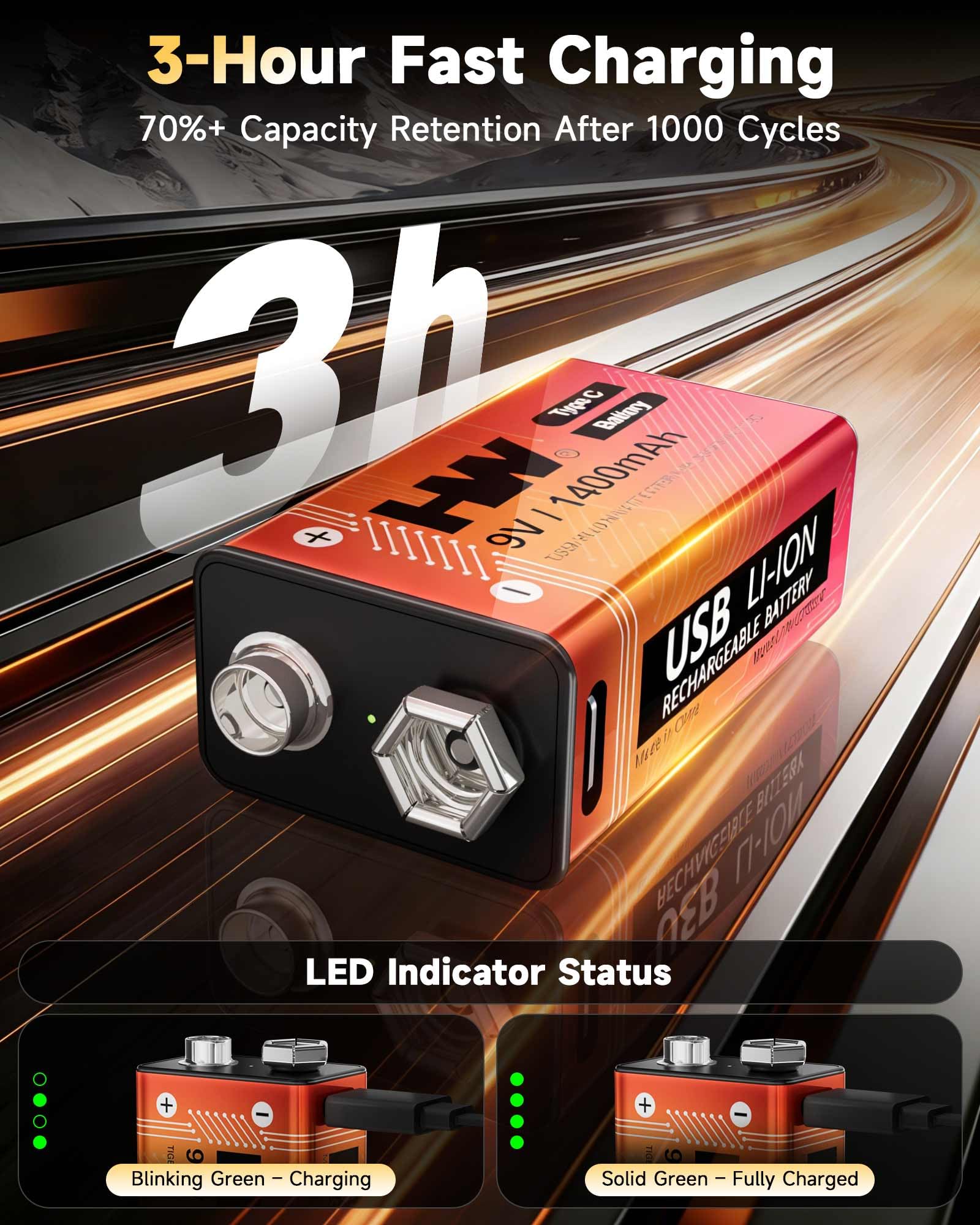 HW 9V Rechargeable Battery 1400mAh USB-C

