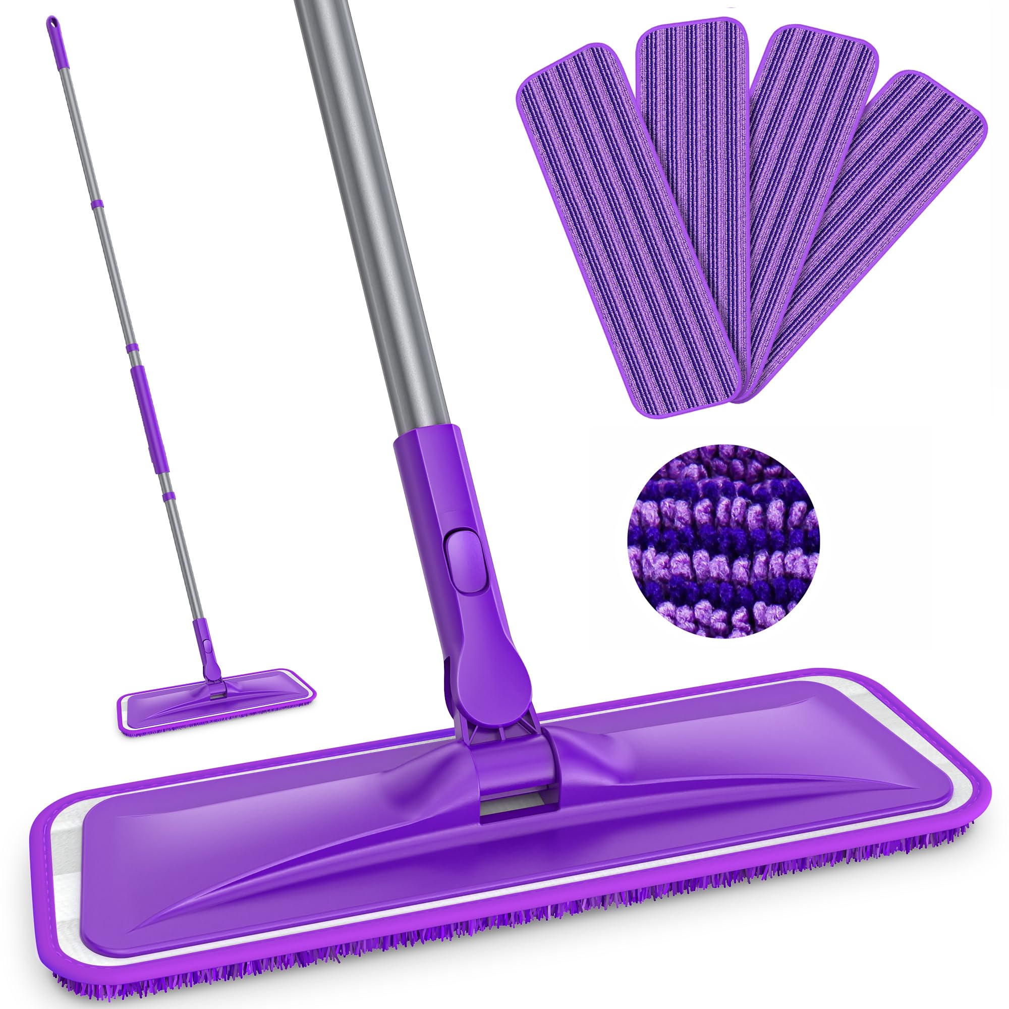BPAWA Microfiber Flat Floor Mop with 4 Washable Chenille Pads and Adjustable Handle