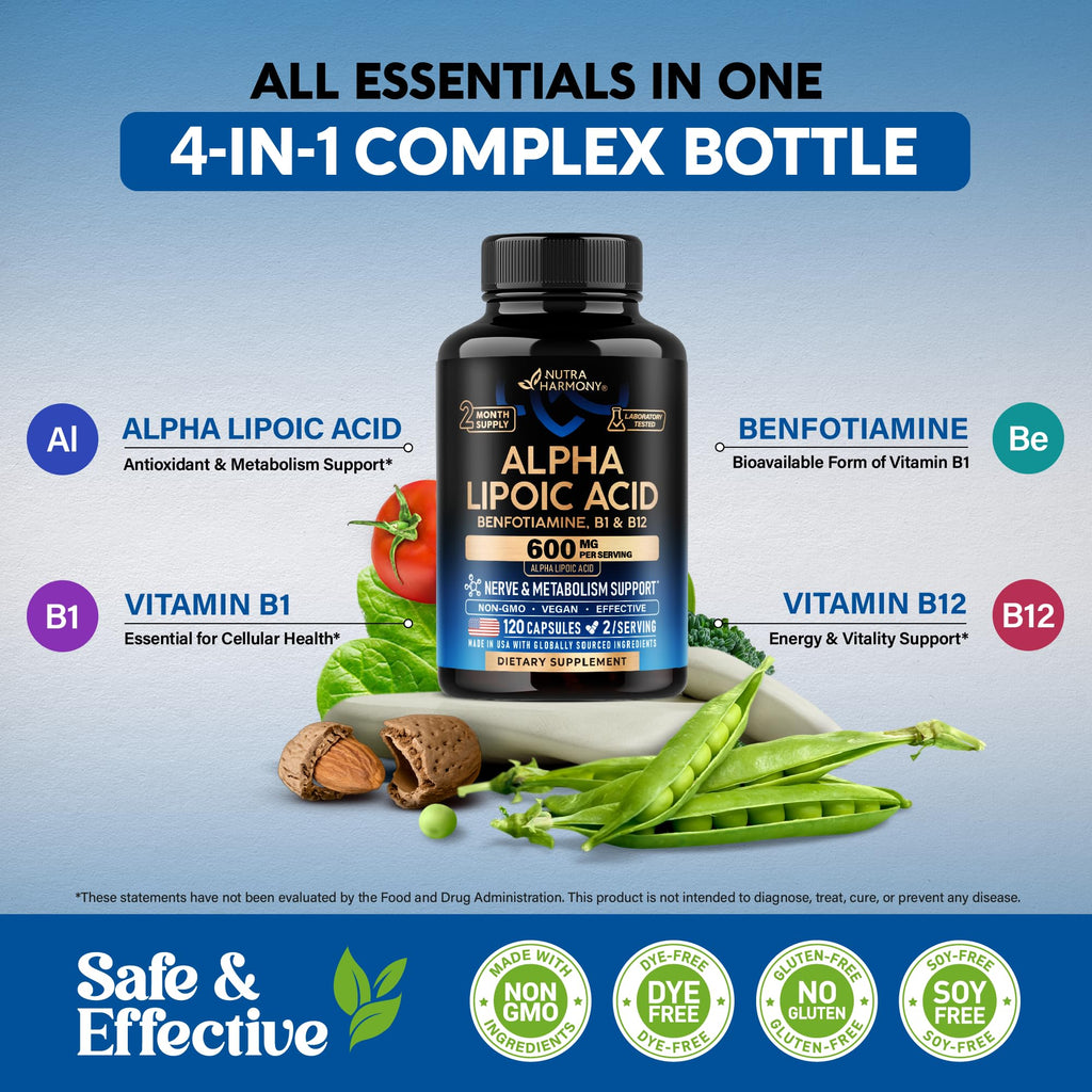 Alpha Lipoic Acid 600 mg Supplement for Nerve Energy - Vegan

