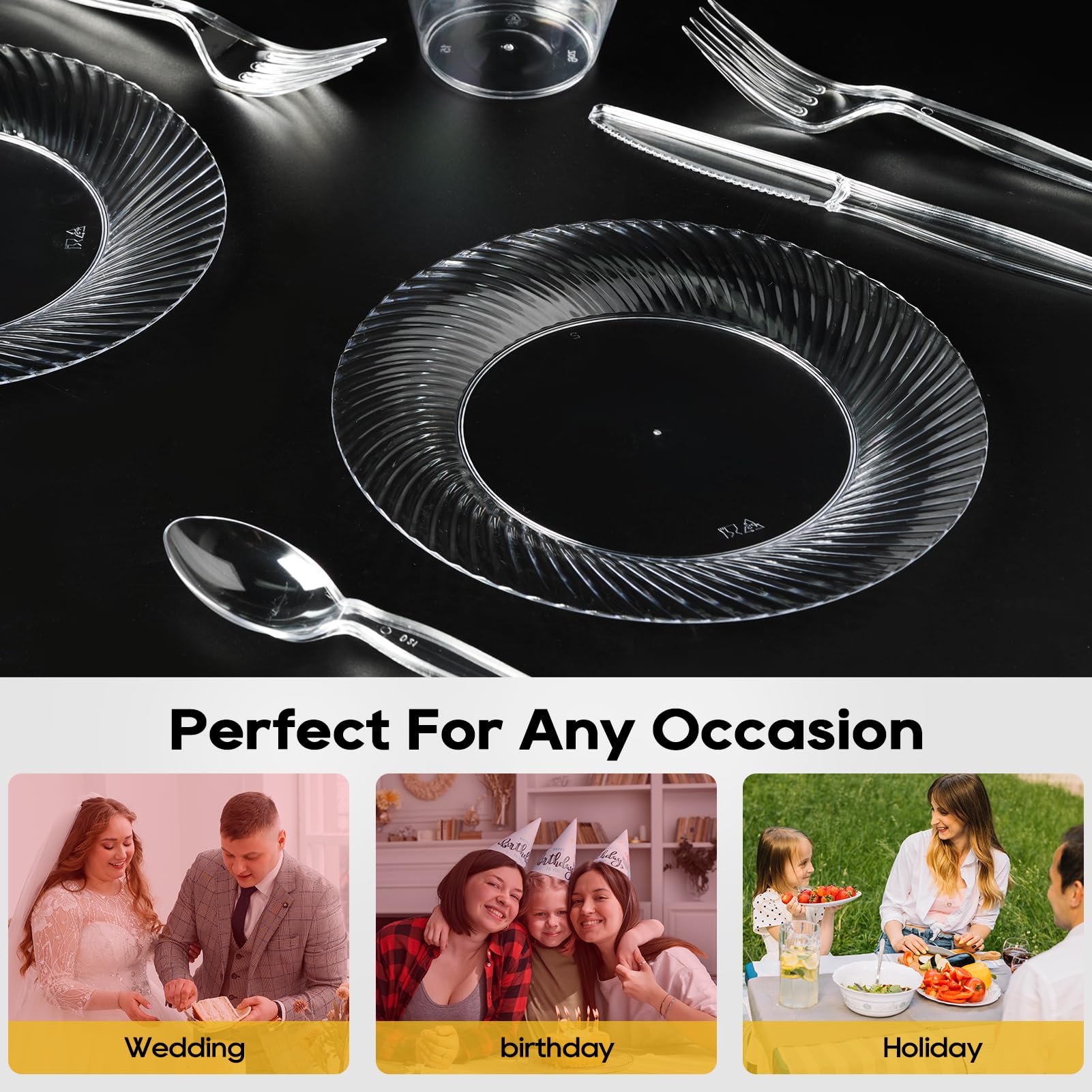 FOCUSLINE Clear Plastic Plates Heavy Duty Disposable

