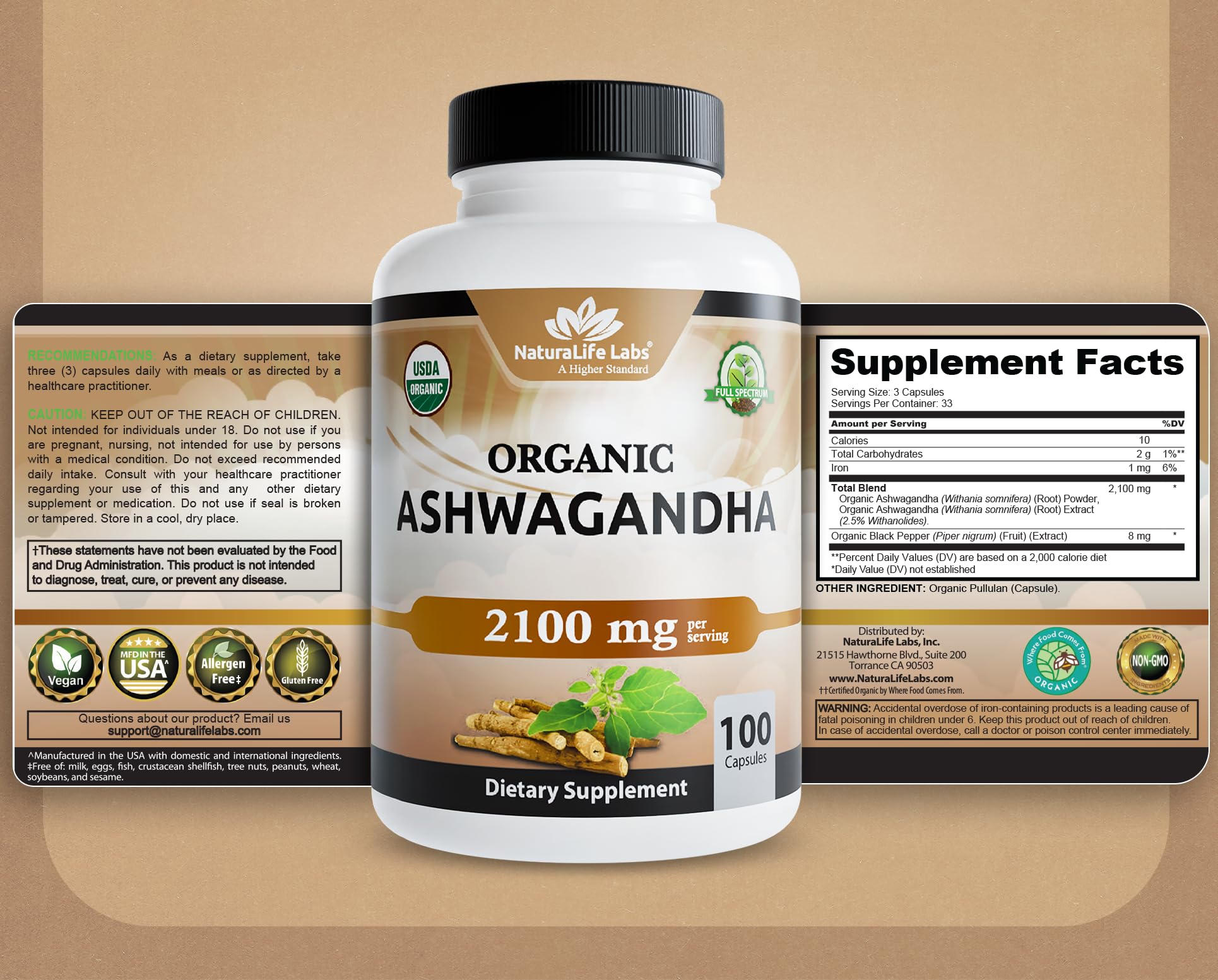 NaturaLife Labs Organic Ashwagandha 2100 mg – Full Spectrum

