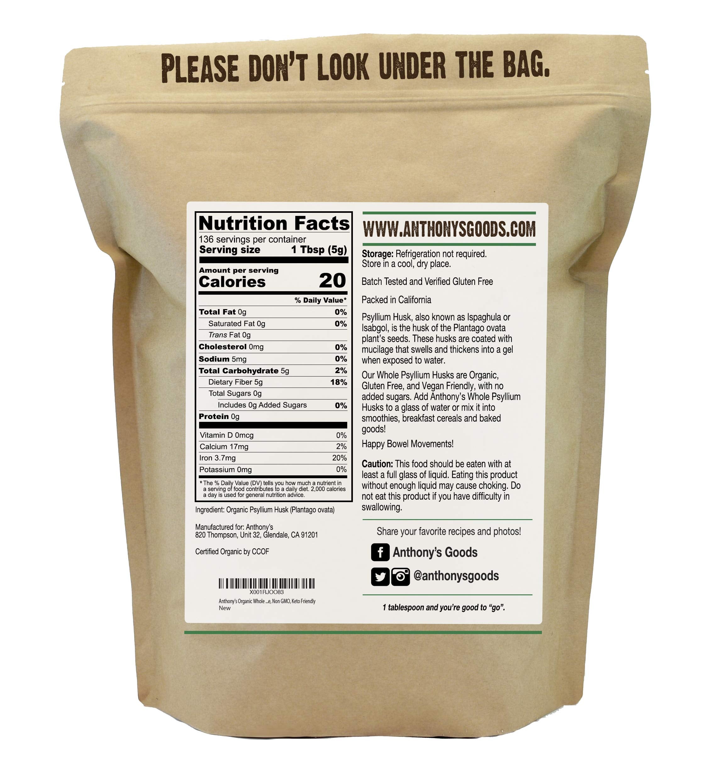 Anthony's Organic Psyllium Husks Dietary Fiber - Gluten Free

