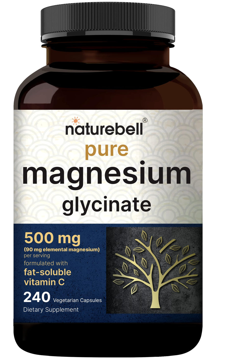 Pure Magnesium Glycinate 500mg with Fat-Soluble Vitamin C, Veggie Capsules