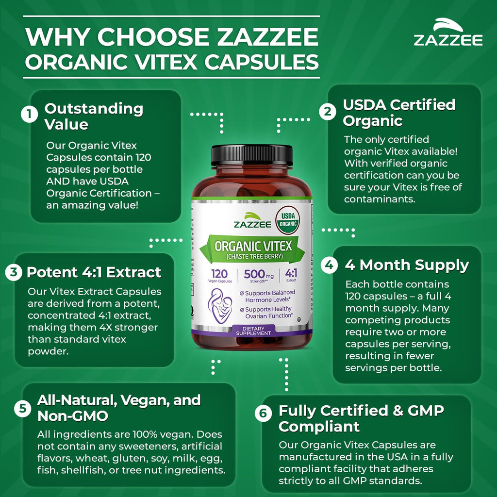 Zazzee USDA Organic Vitex Extract for Hormonal Balance

