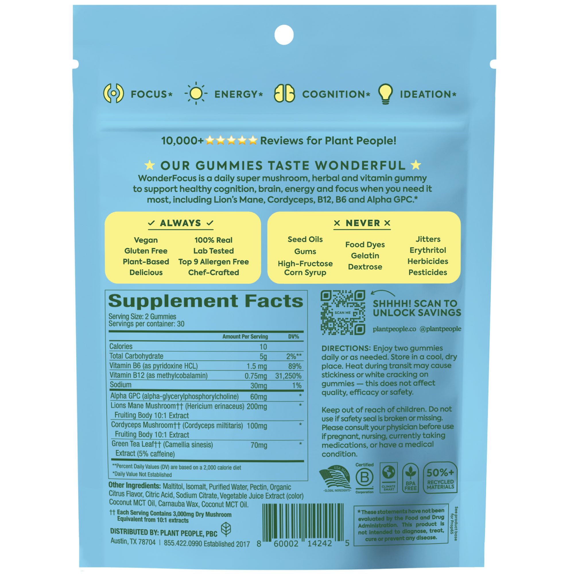 Plant People WonderFocus Mushroom Gummies | Nootropic Brain Support

