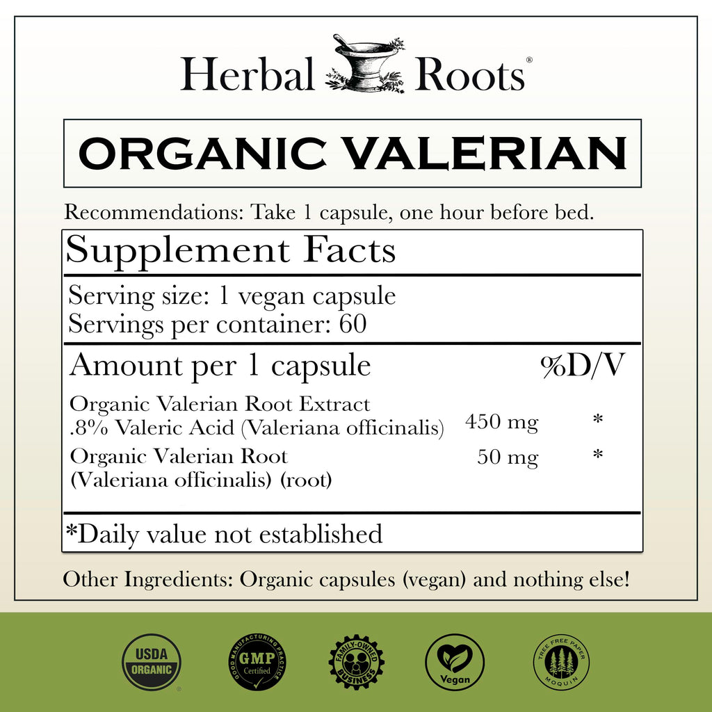 Herbal Roots Valerian Root Capsules - Organic Non-GMO

