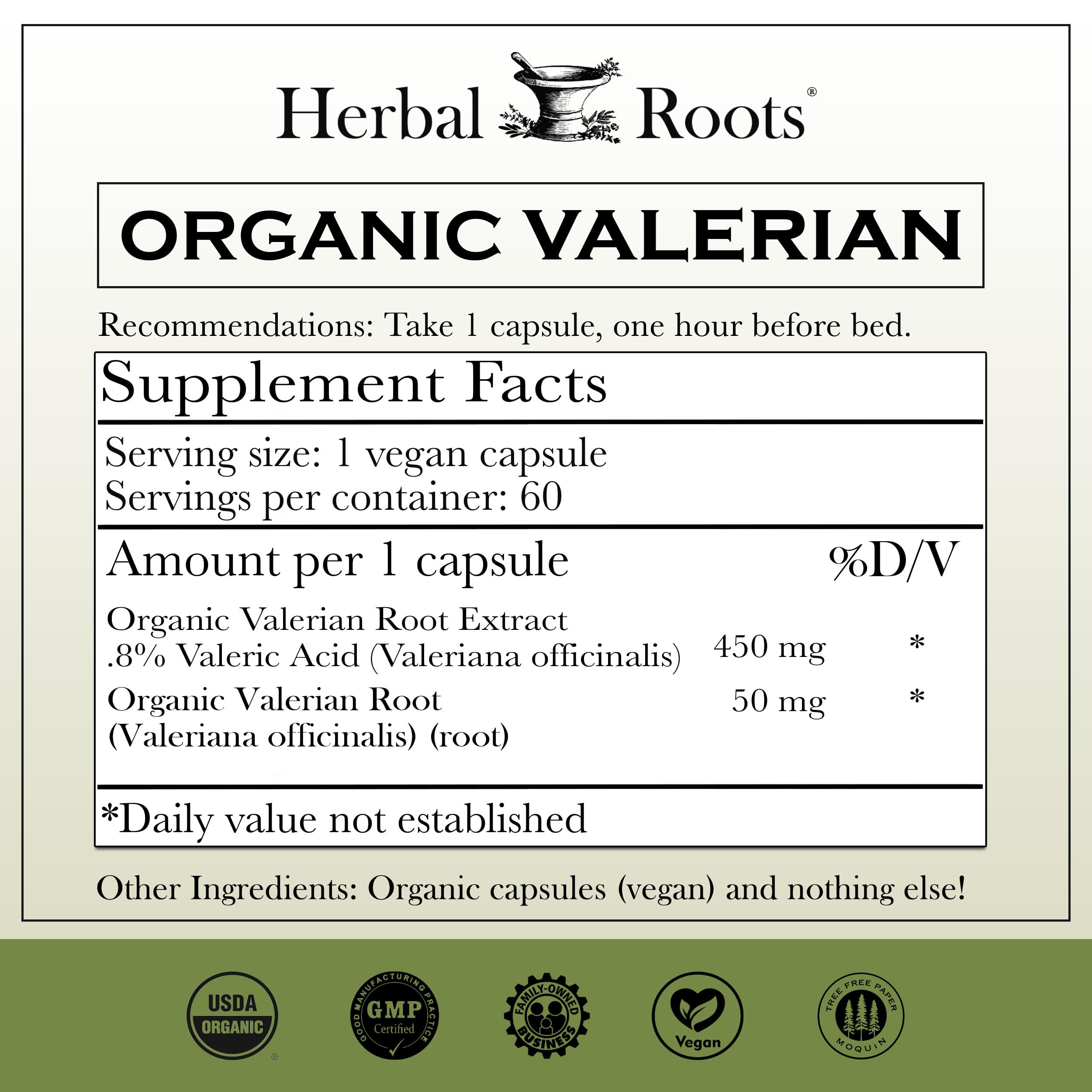 Herbal Roots Valerian Root Capsules - Organic Non-GMO

