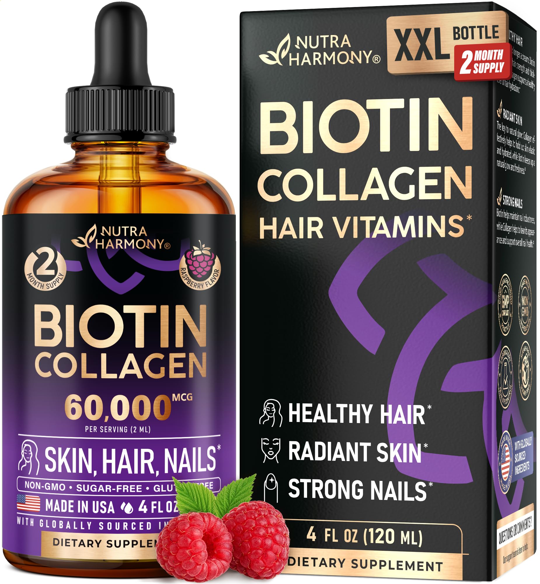 Biotin & Collagen Liquid Drops for Hair, Skin & Nails – Raspberry Flavor